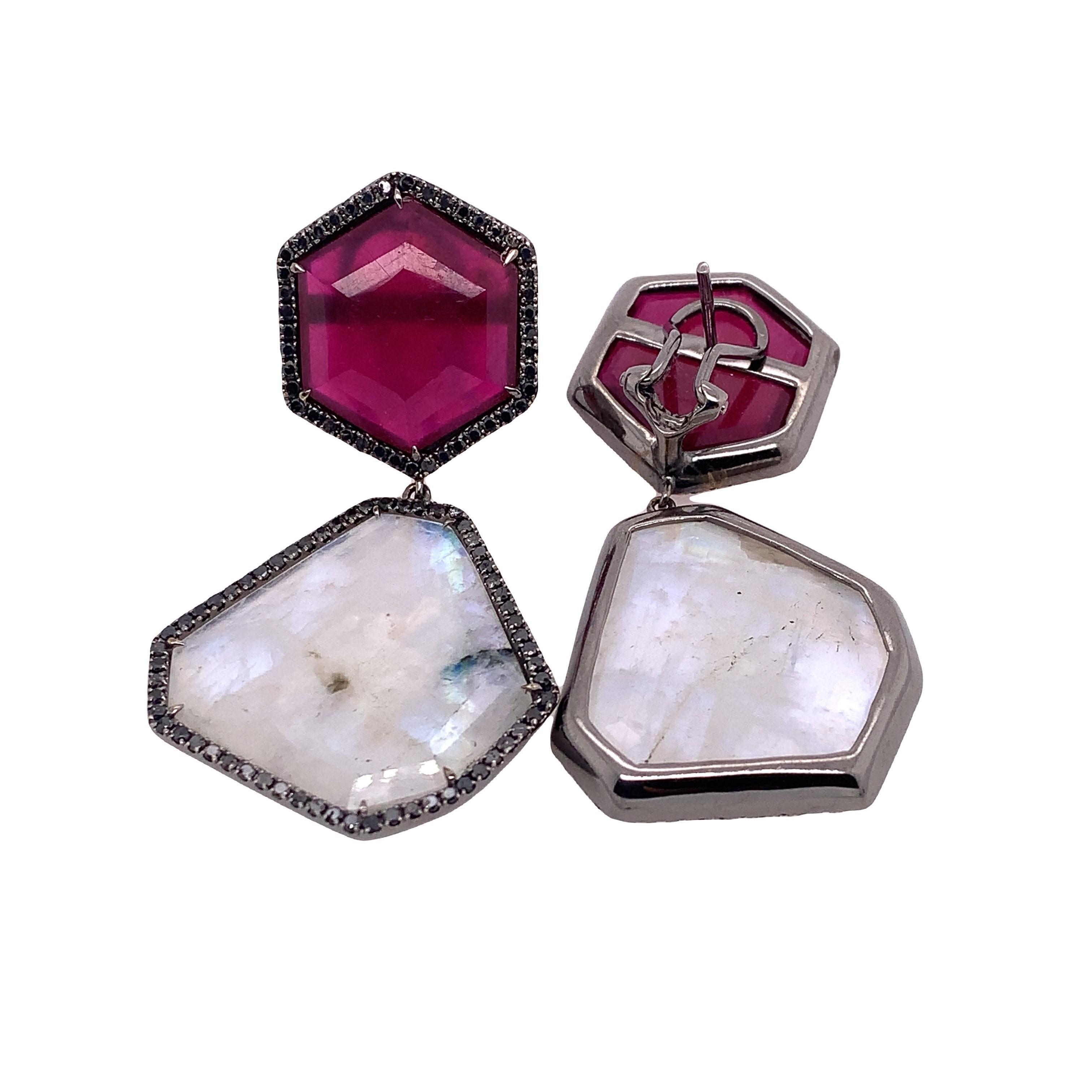 Contemporary Lucea New York Ruby, Moonstone & Black Diamond Earrings For Sale