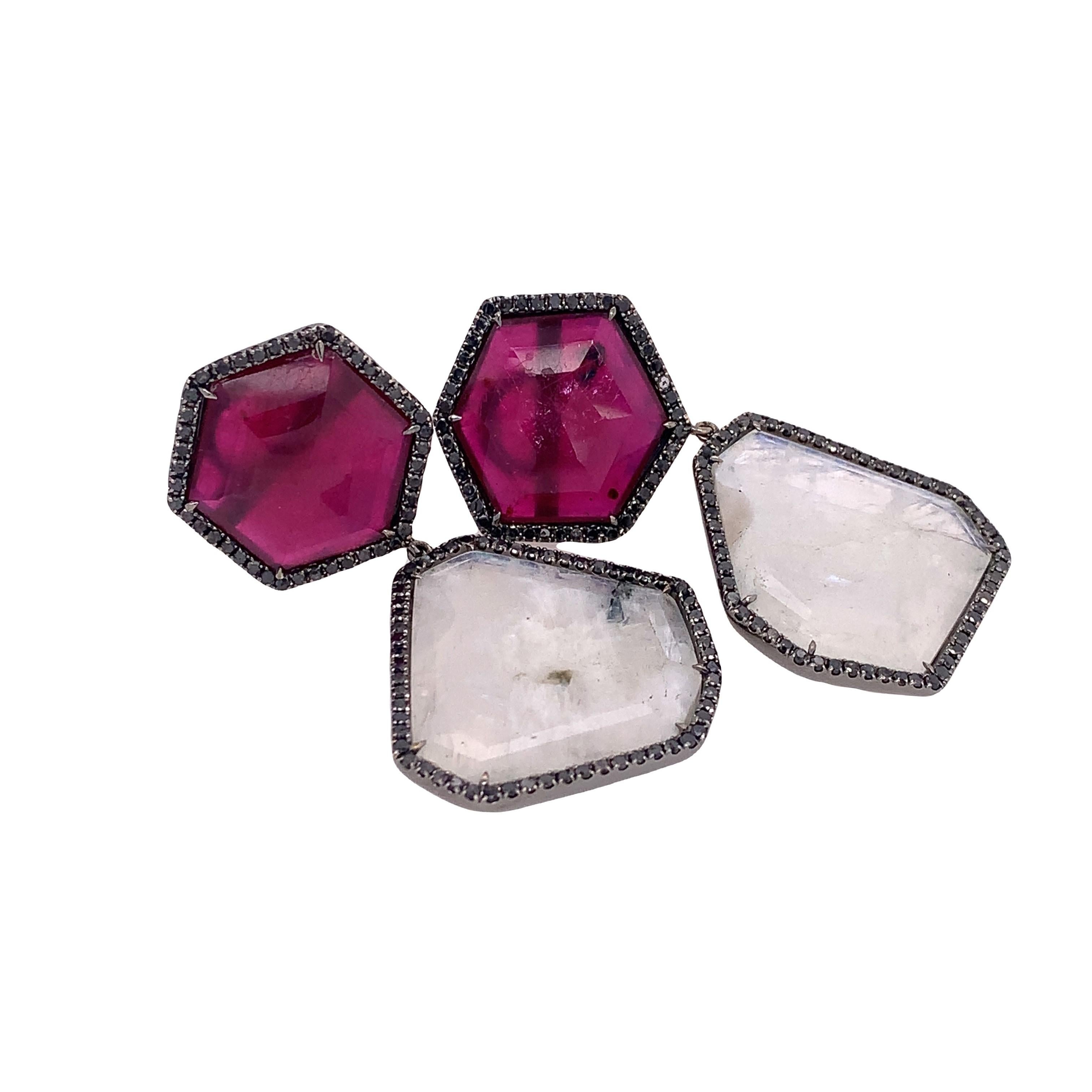 Mixed Cut Lucea New York Ruby, Moonstone & Black Diamond Earrings For Sale