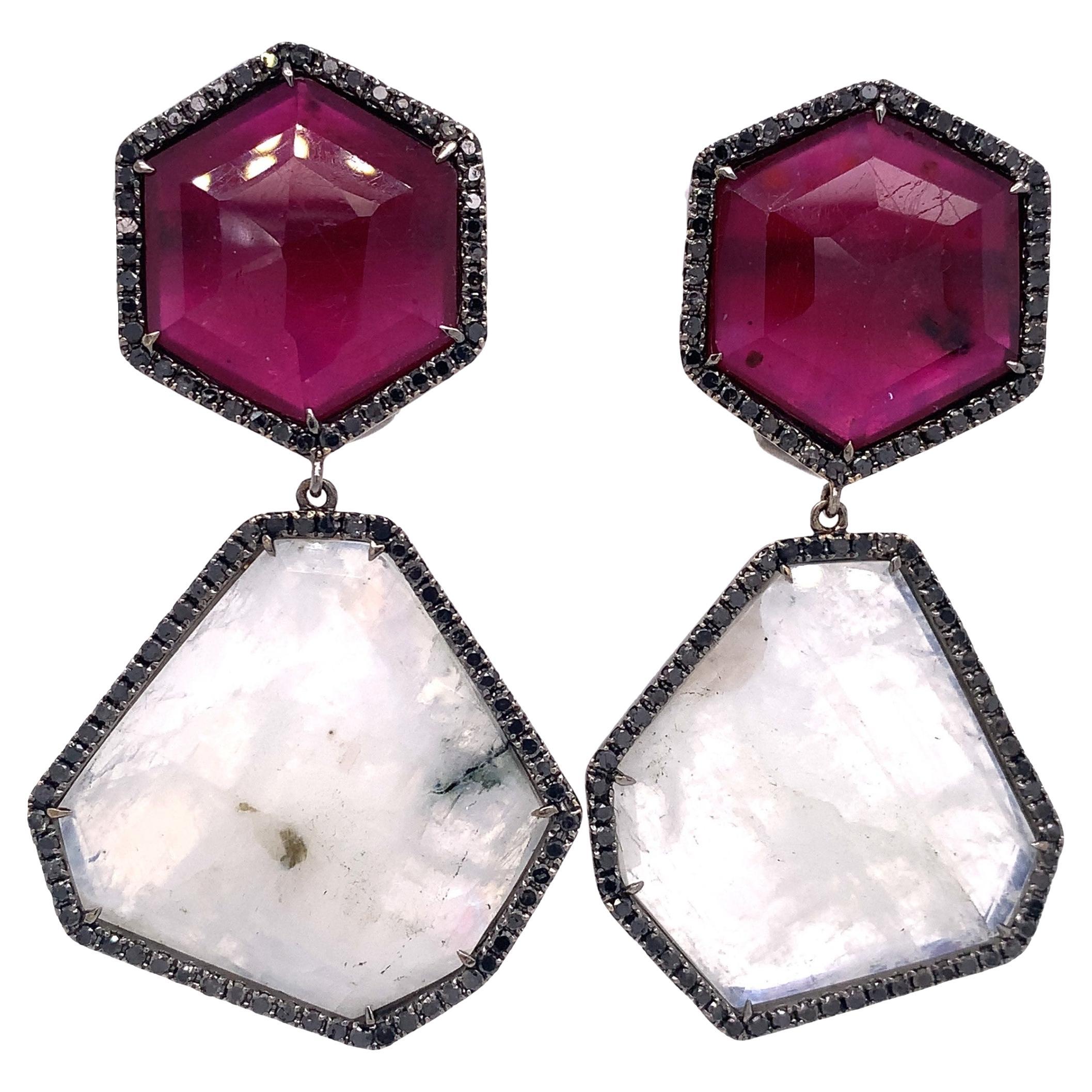 Lucea New York Ruby, Moonstone & Black Diamond Earrings For Sale