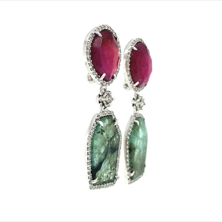 Lucea New York Ruby, Slice Emerald and Diamond Earrings For Sale at 1stDibs