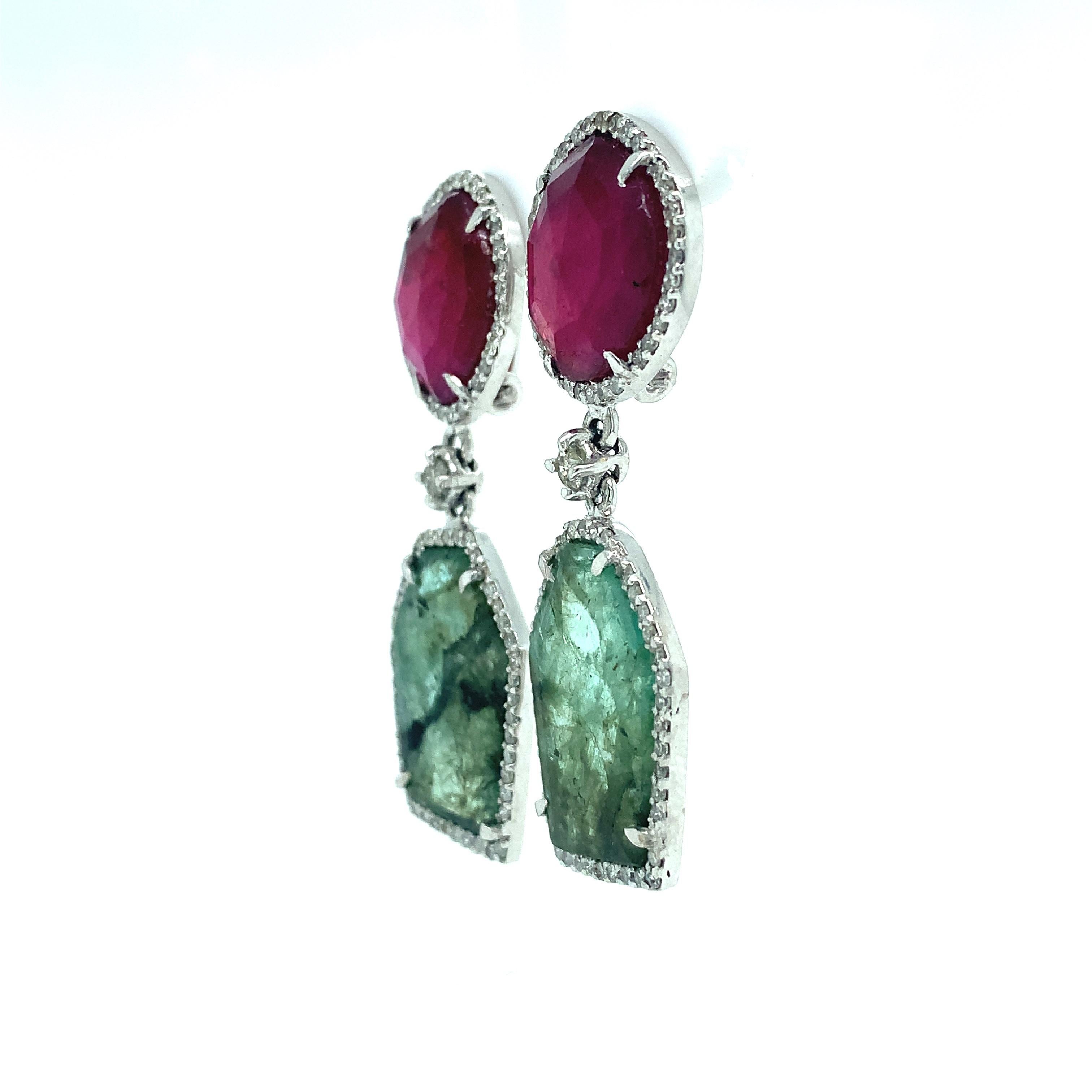Mixed Cut Lucea New York Ruby, Slice Emerald  and Diamond Earrings For Sale