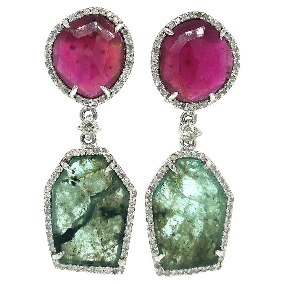 Lucea New York Ruby, Slice Emerald and Diamond Earrings For Sale at 1stDibs