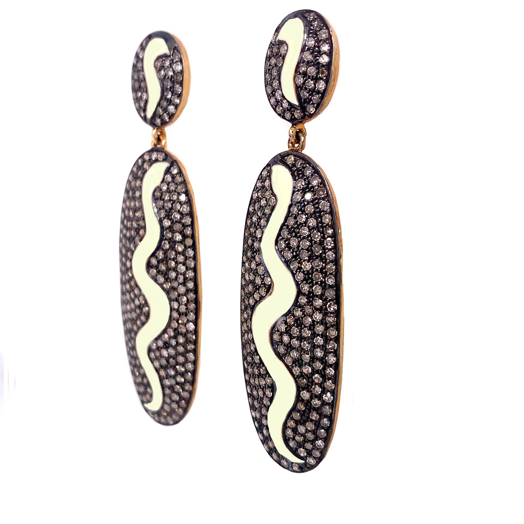 Contemporary Lucea New York Rustic and Enamel Diamond Earrings For Sale