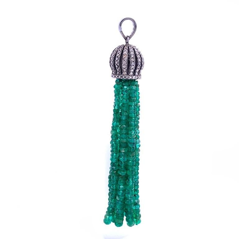 Contemporary Lucea New York Rustic Diamond and Emerald Bead Tassel Pendant For Sale