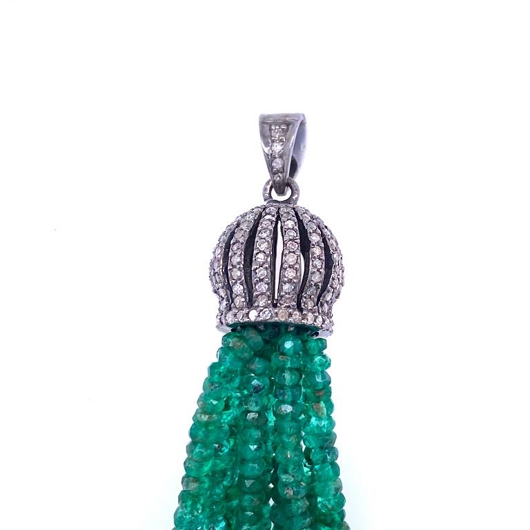 Women's or Men's Lucea New York Rustic Diamond and Emerald Bead Tassel Pendant For Sale