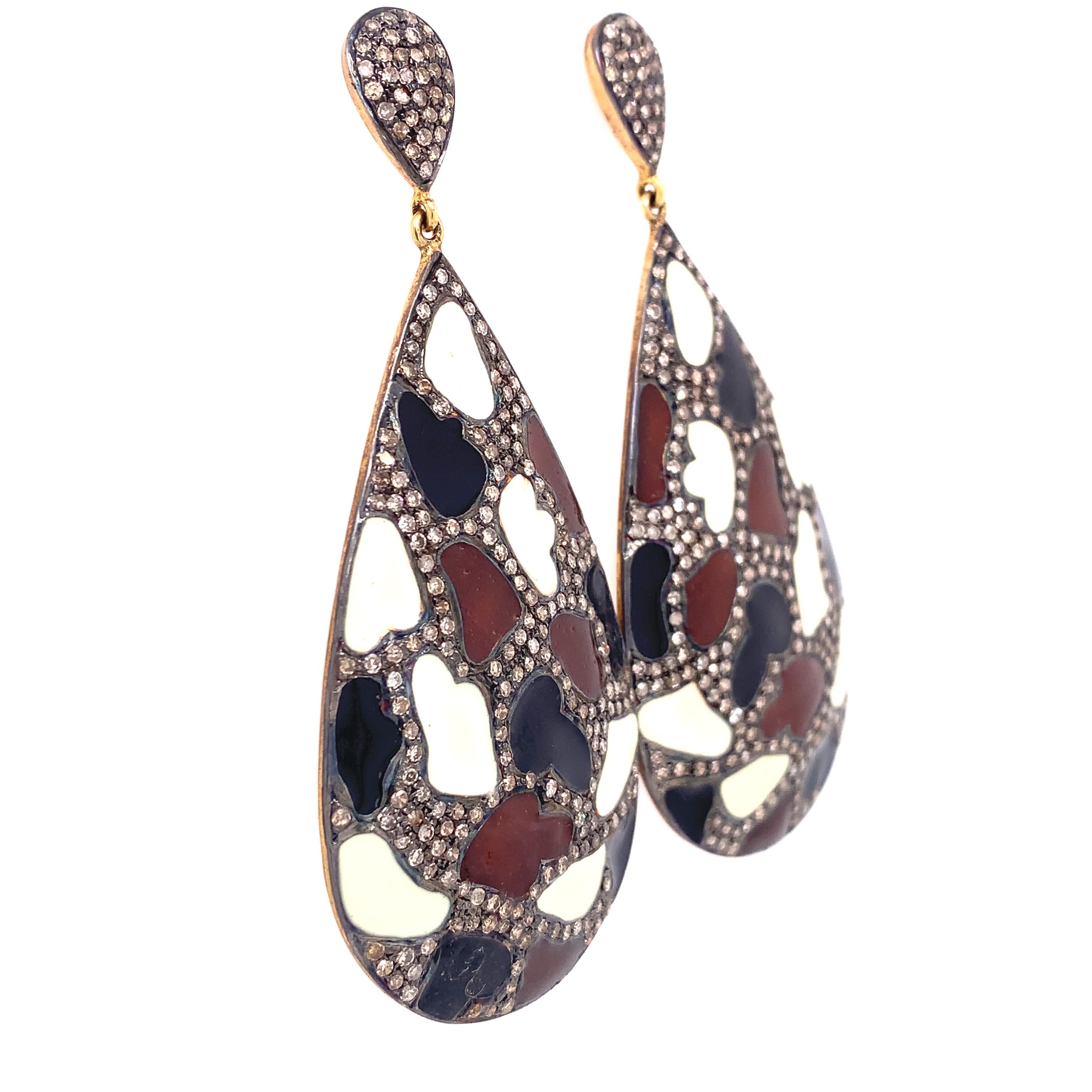 Contemporary Lucea New York Rustic Diamond and Enamel Earrings For Sale