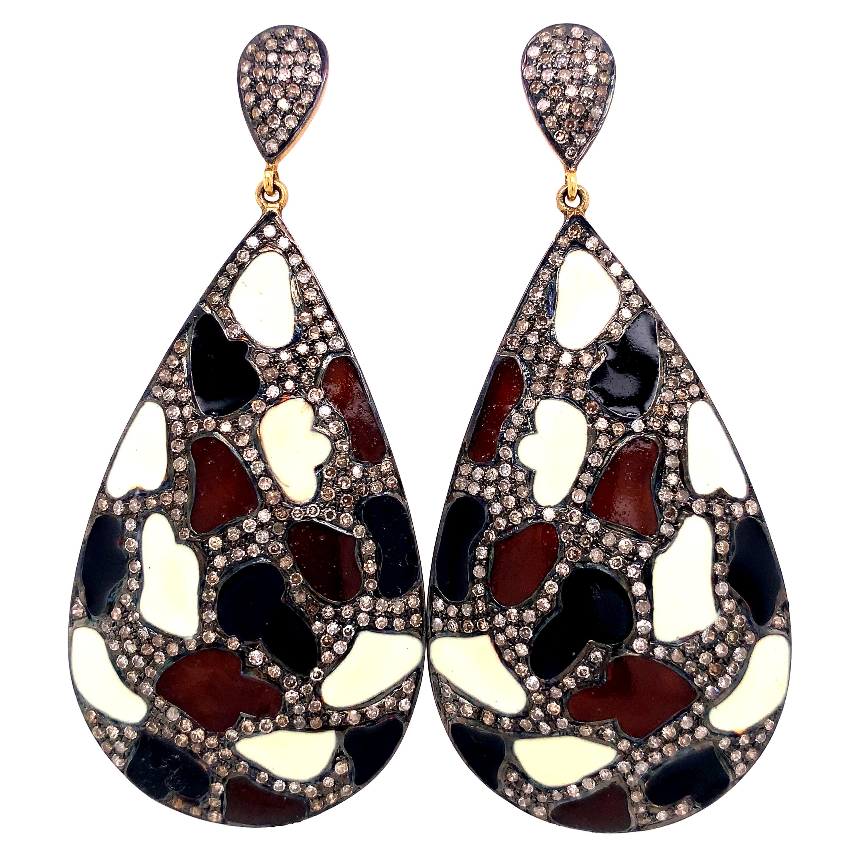 Lucea New York Rustic Diamond and Enamel Earrings For Sale