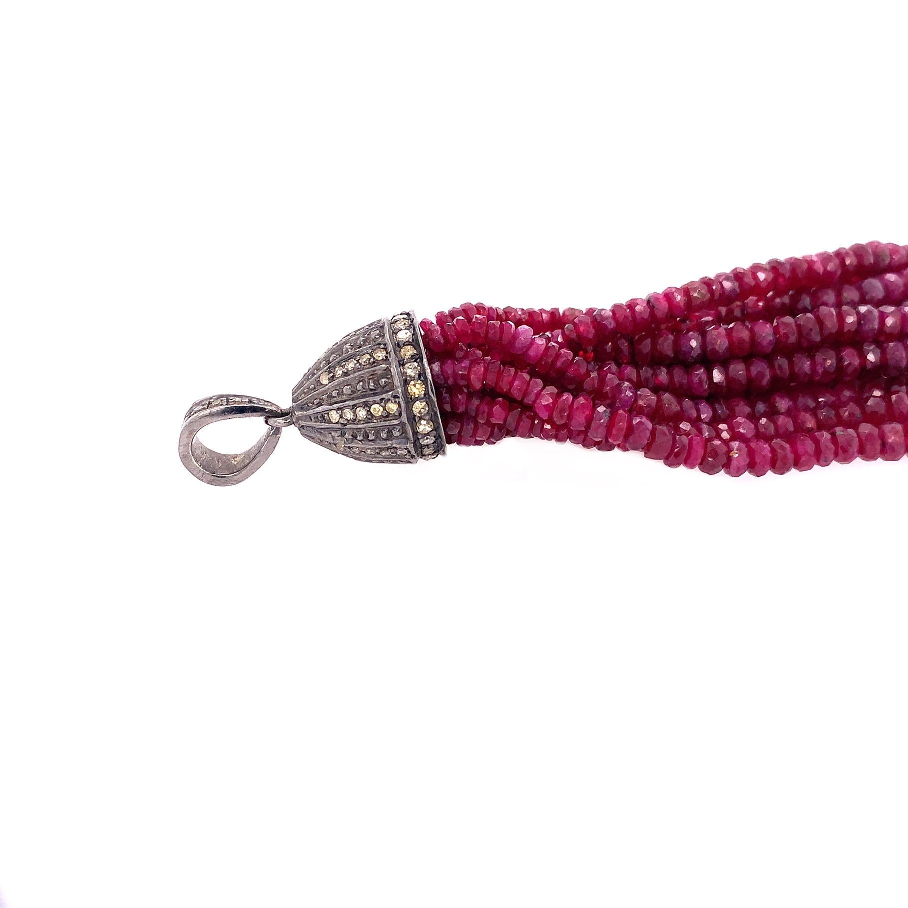 Contemporary Lucea New York Rustic Diamond and Ruby Bead Tassel Pendant For Sale