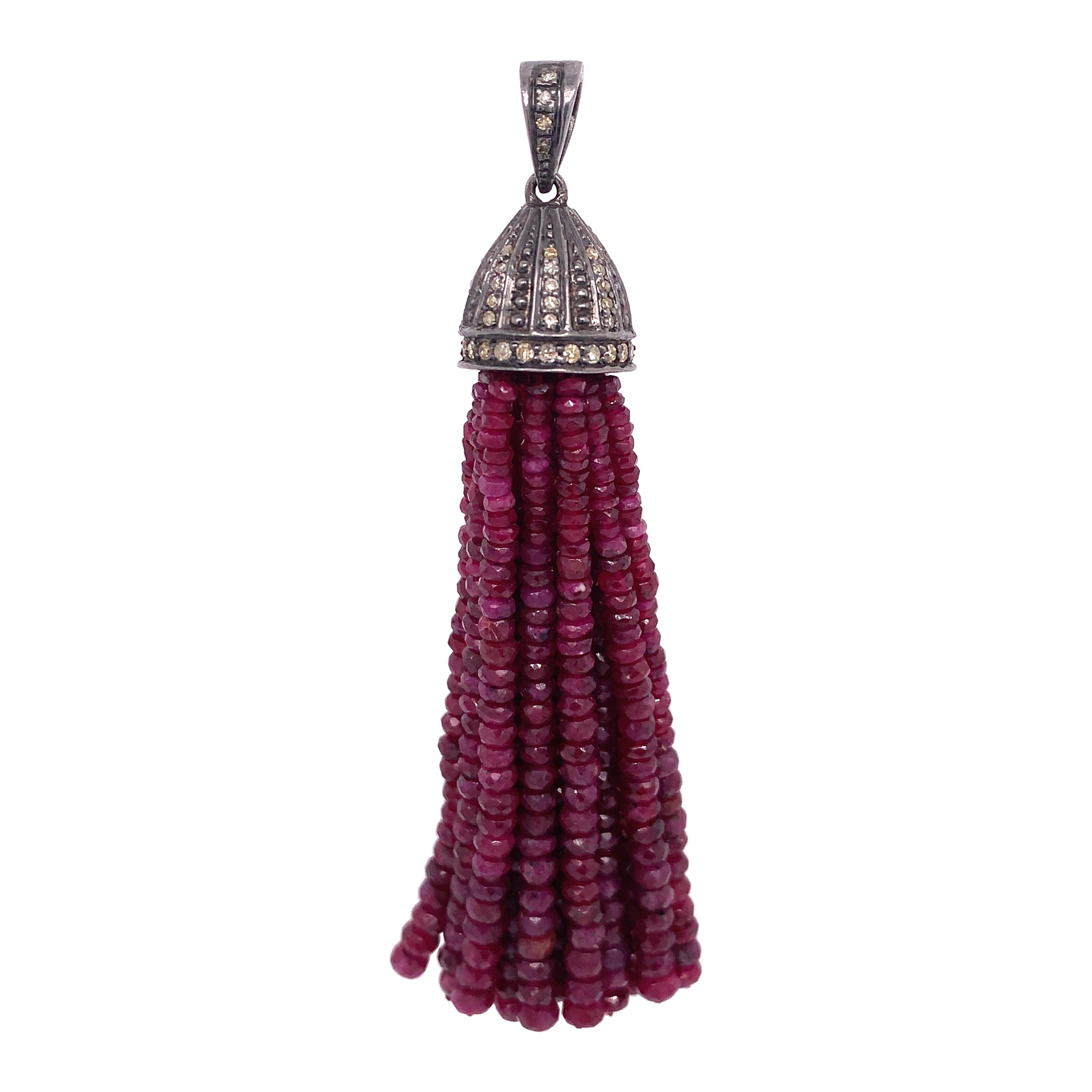 Lucea New York Rustic Diamond and Ruby Bead Tassel Pendant