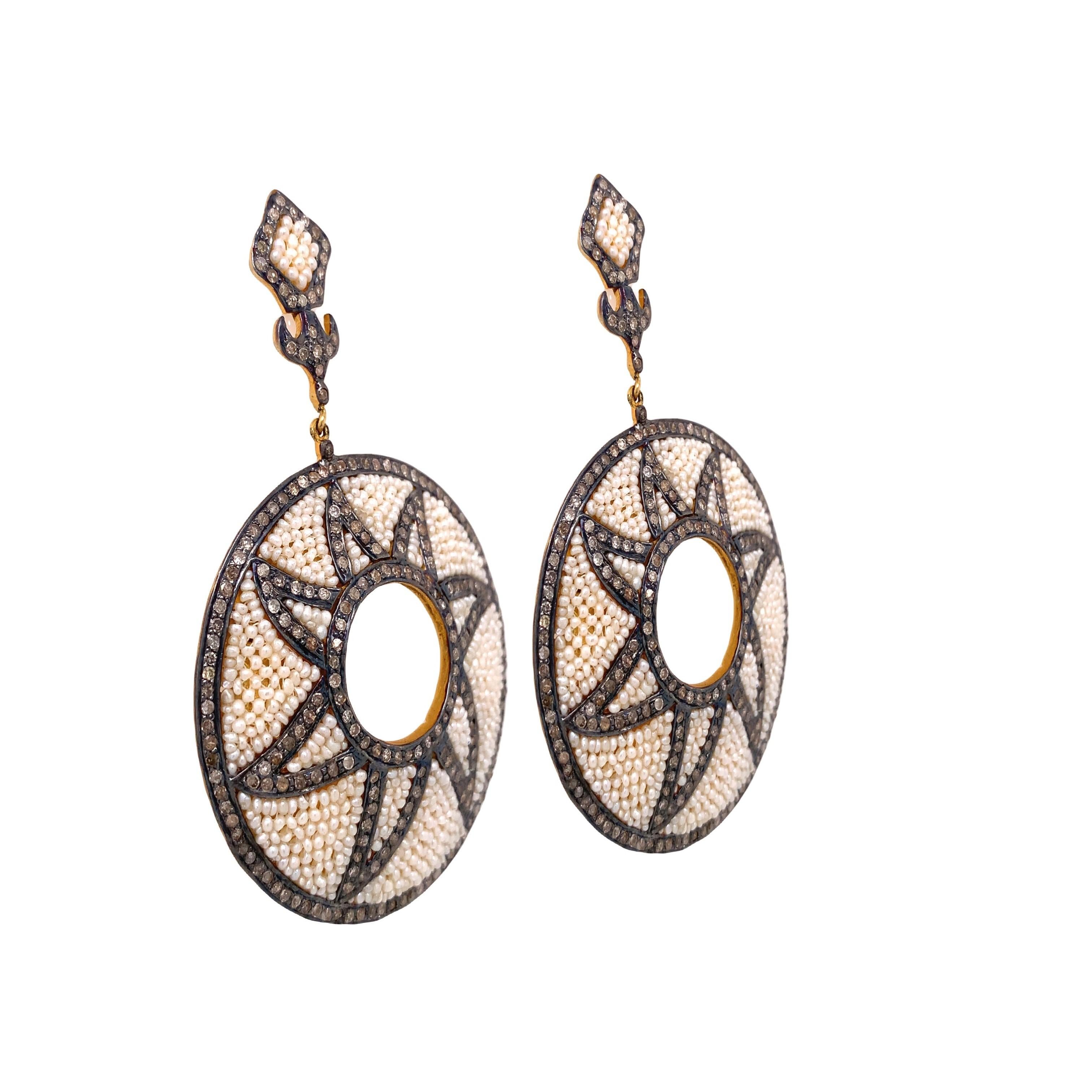 Contemporary Lucea New York Rustic Diamond & Seed Pearl Earrings For Sale