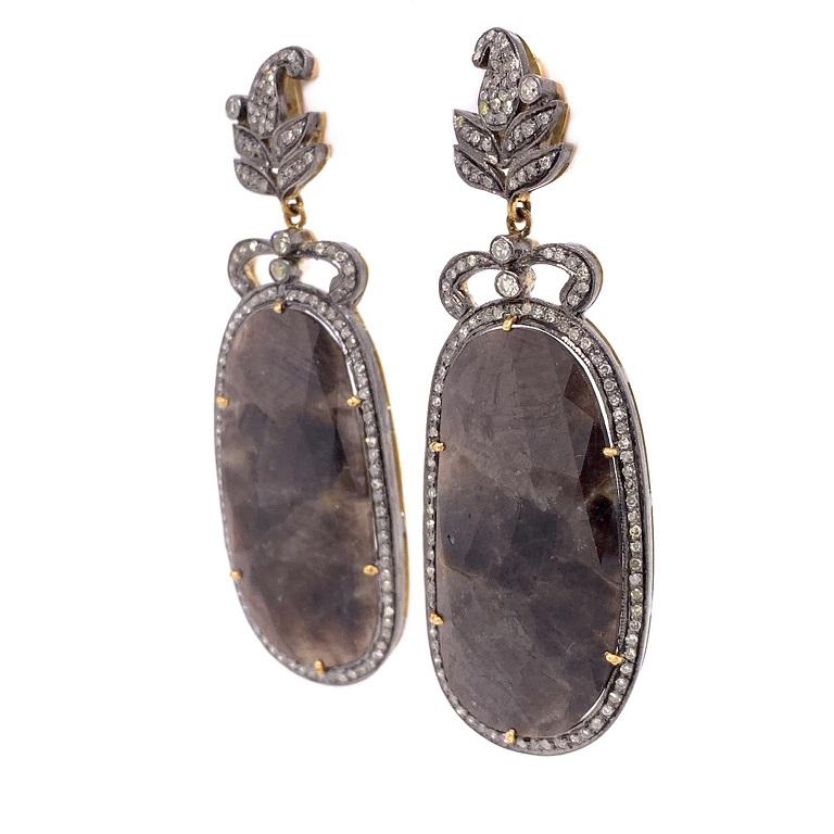 Rustic Collection 

Rose cut rutilated quartz and rustic Diamond drop earrings set in sterling silver and 14K gold plating. 

Rutilated Quartz: 38.08ct total weight.
Diamonds: 1.10ct total weight.