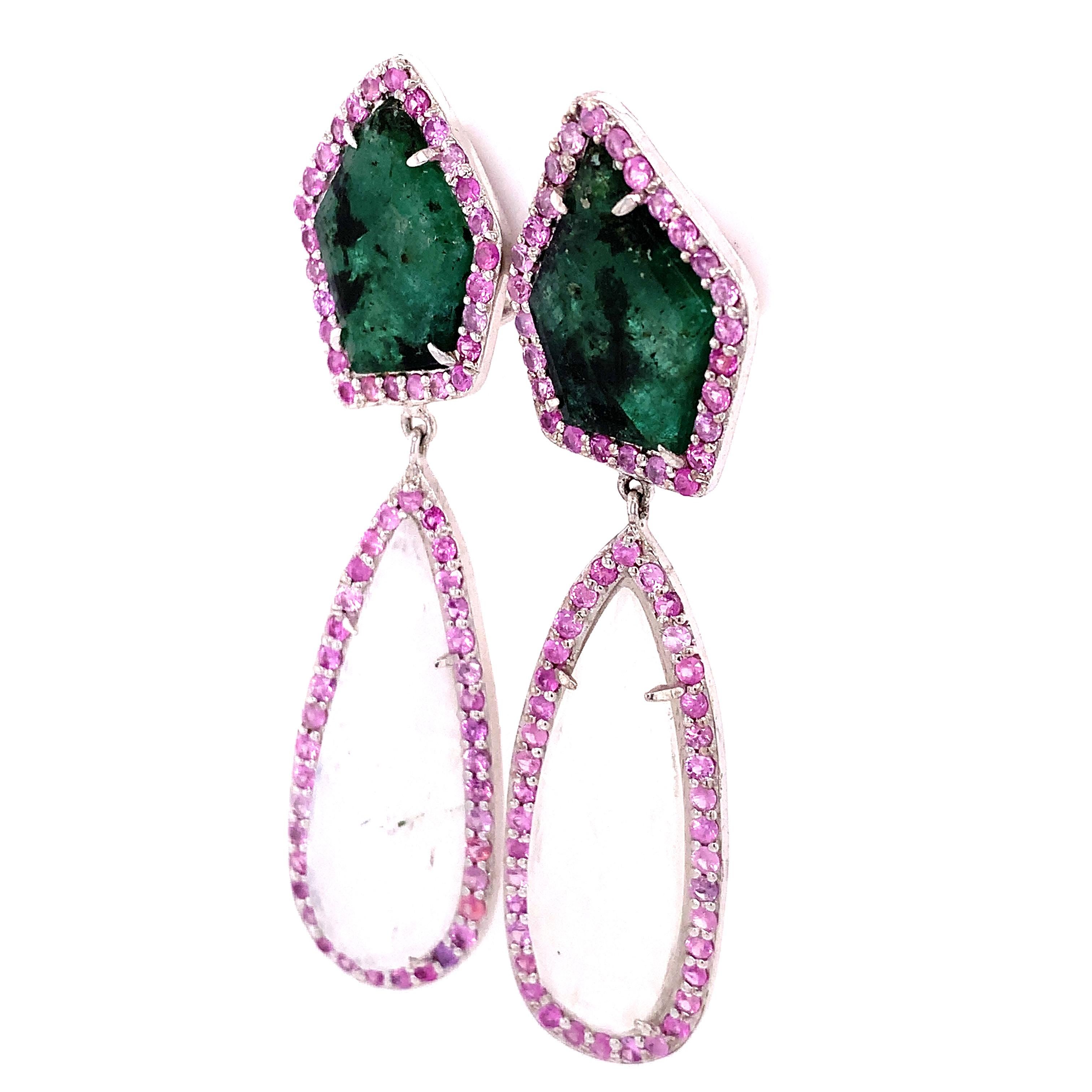 Life In Color Collection 

Cute color combination of green with Moonstone earrings and pink Sapphire accents set in sterling silver. 

Moonstone: 17.82ct total weight.
Pink Sapphire: 3.22ct total weight.
Slice Emerald: 7.45ct total weight. 
