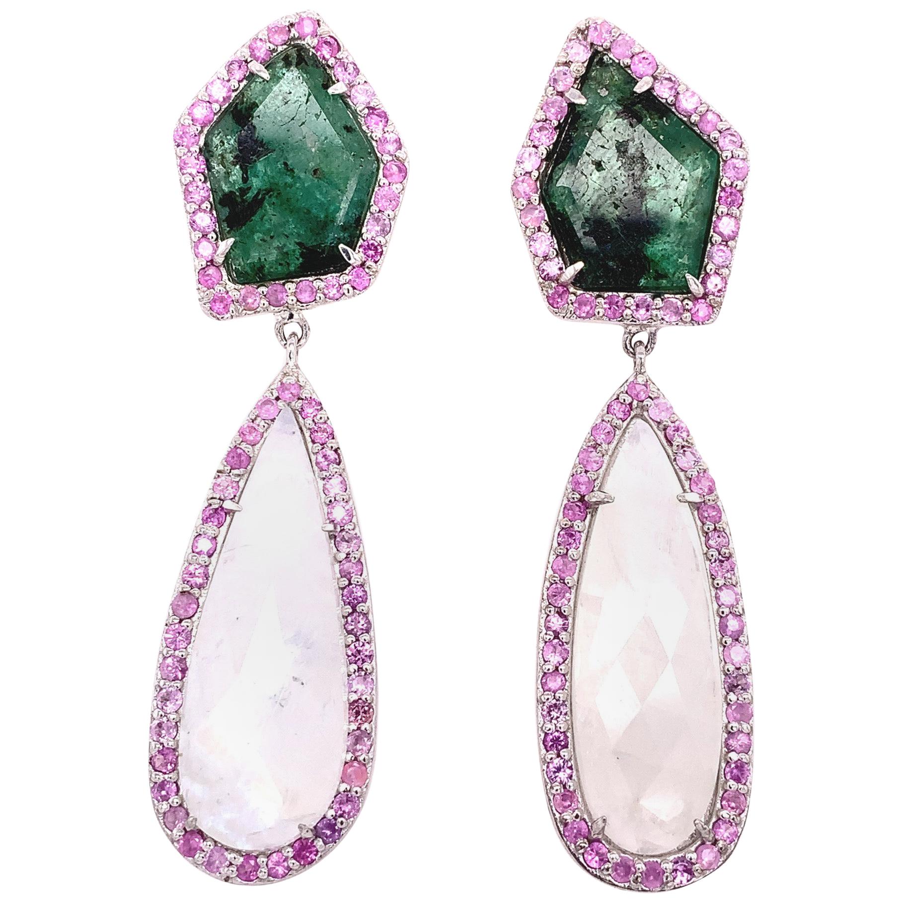 Lucea New York Slice Emerald and Moonstone Dangle Earrings For Sale