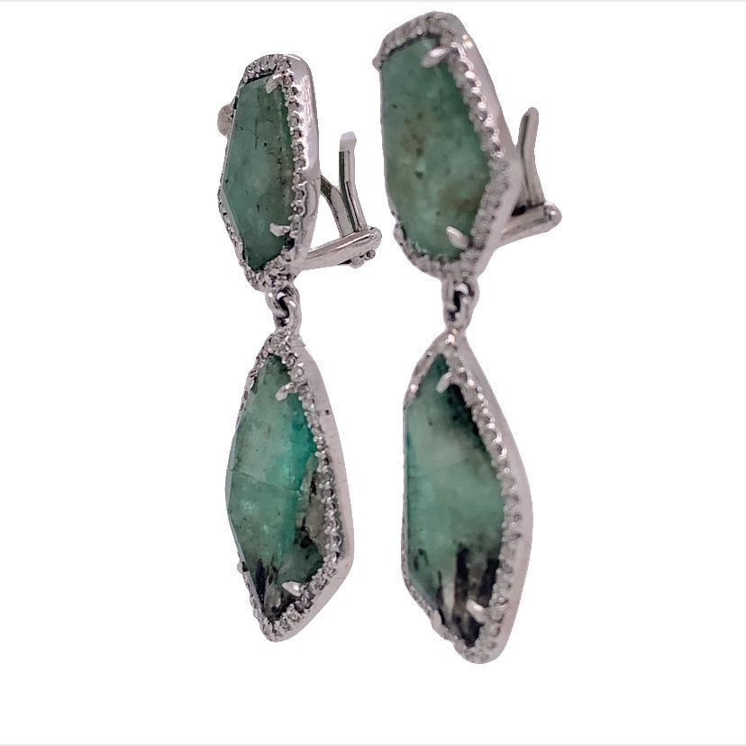 Mixed Cut Lucea New York Slice Emerald & Diamond Drop Earrings For Sale