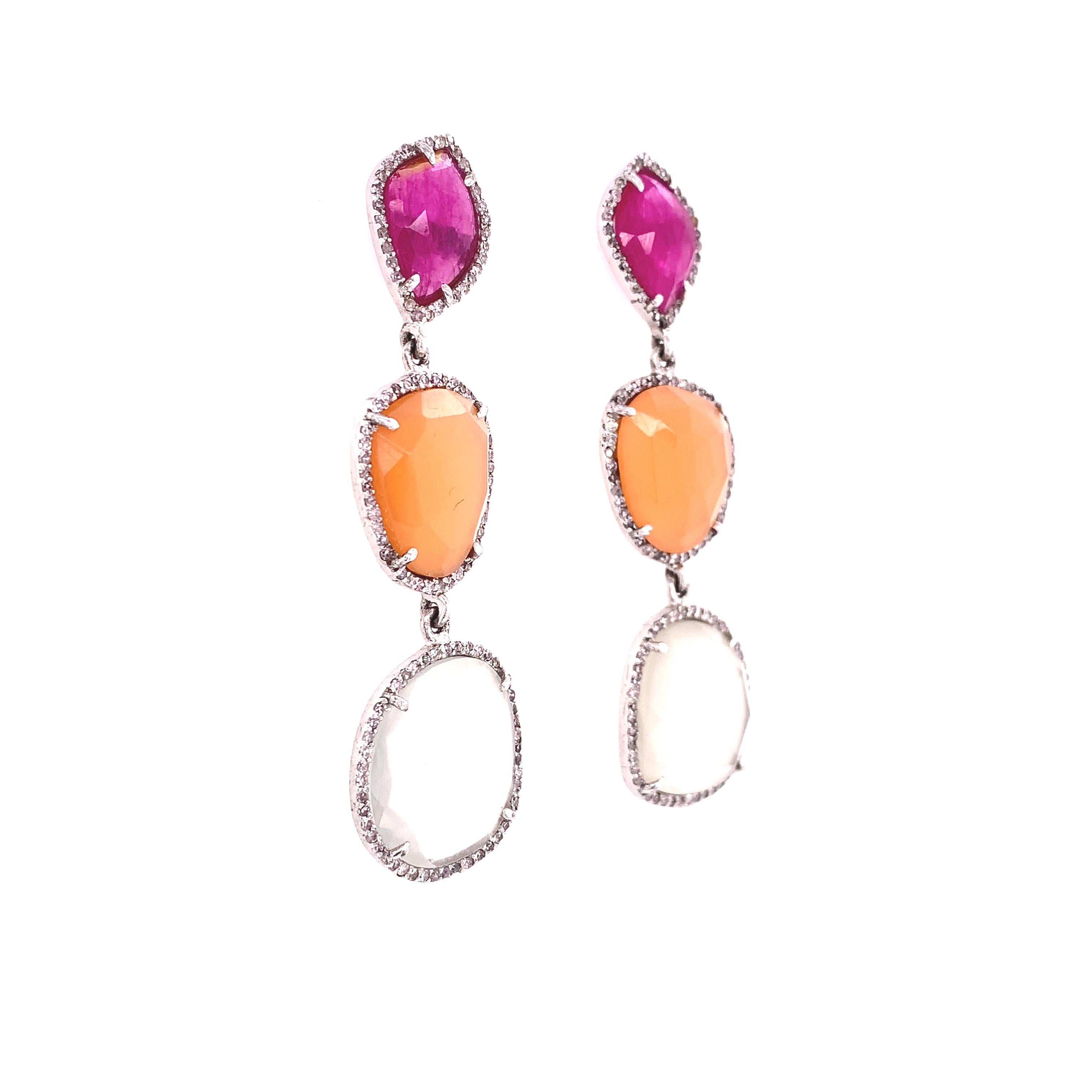 Contemporary Lucea New York Slice Ruby and Moonstone Dangle Earrings For Sale