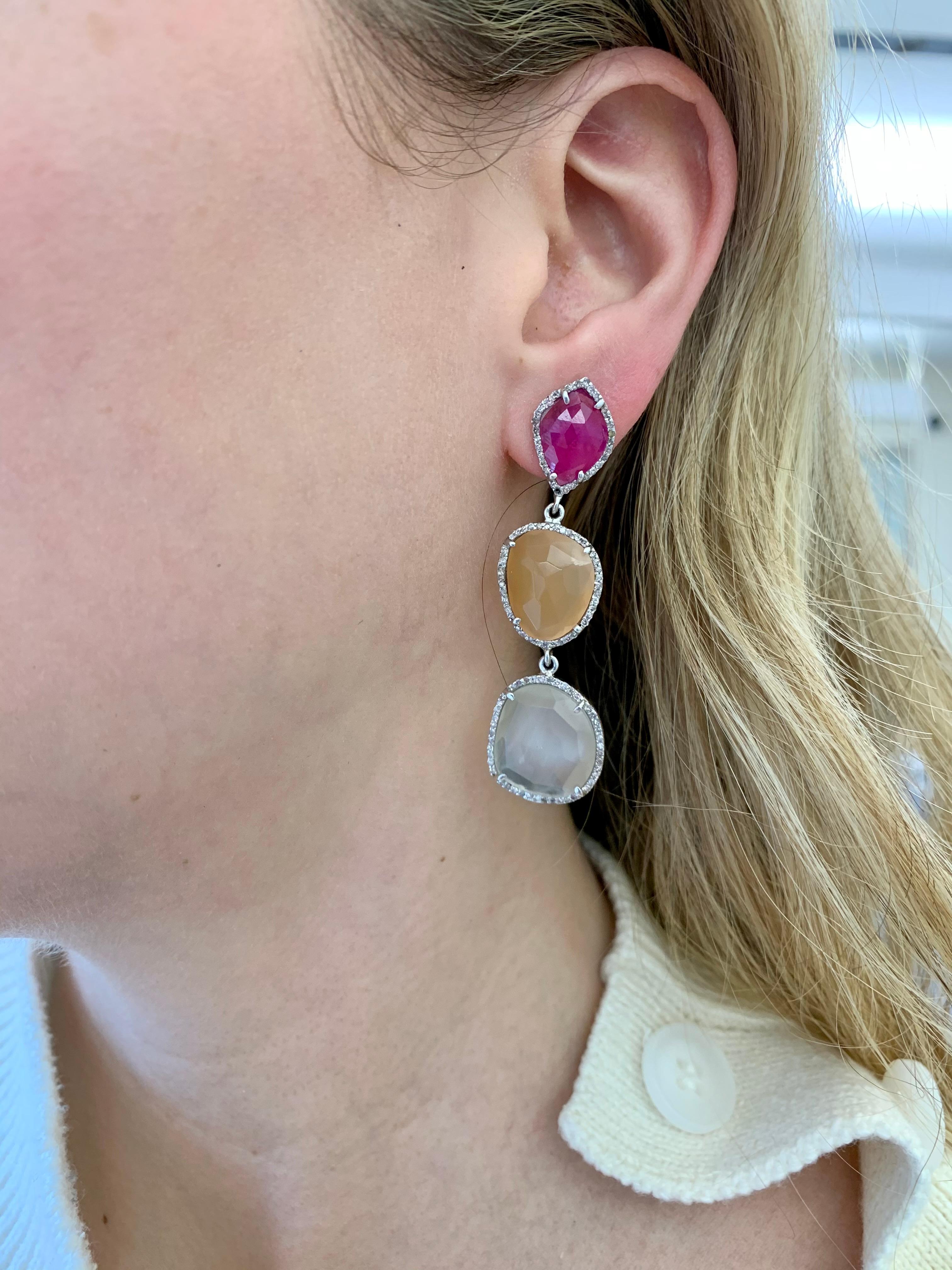 Women's Lucea New York Slice Ruby and Moonstone Dangle Earrings For Sale