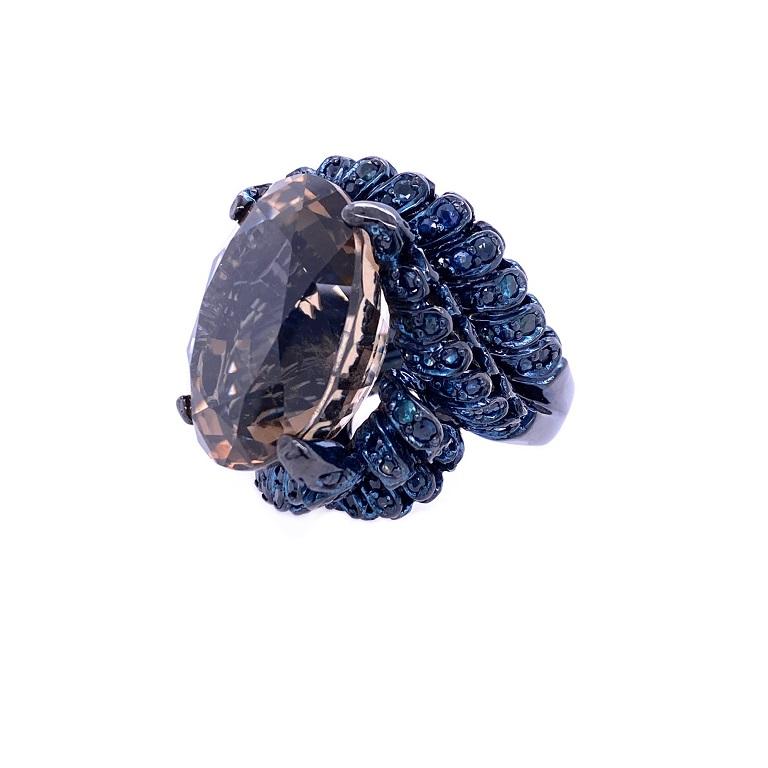 Contemporary Lucea New York Smokey Quartz and Blue Sapphire Cocktail Ring