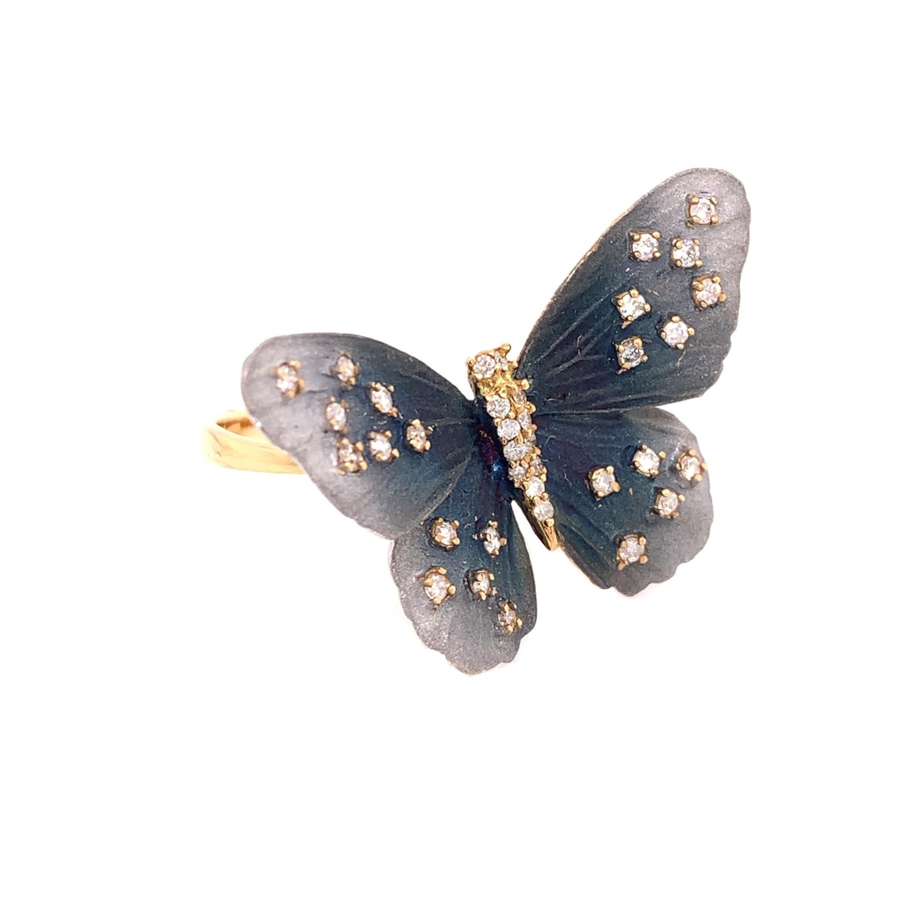 Contemporary Lucea New York Tainted Gray Rhodium with Diamond Butterfly Ring