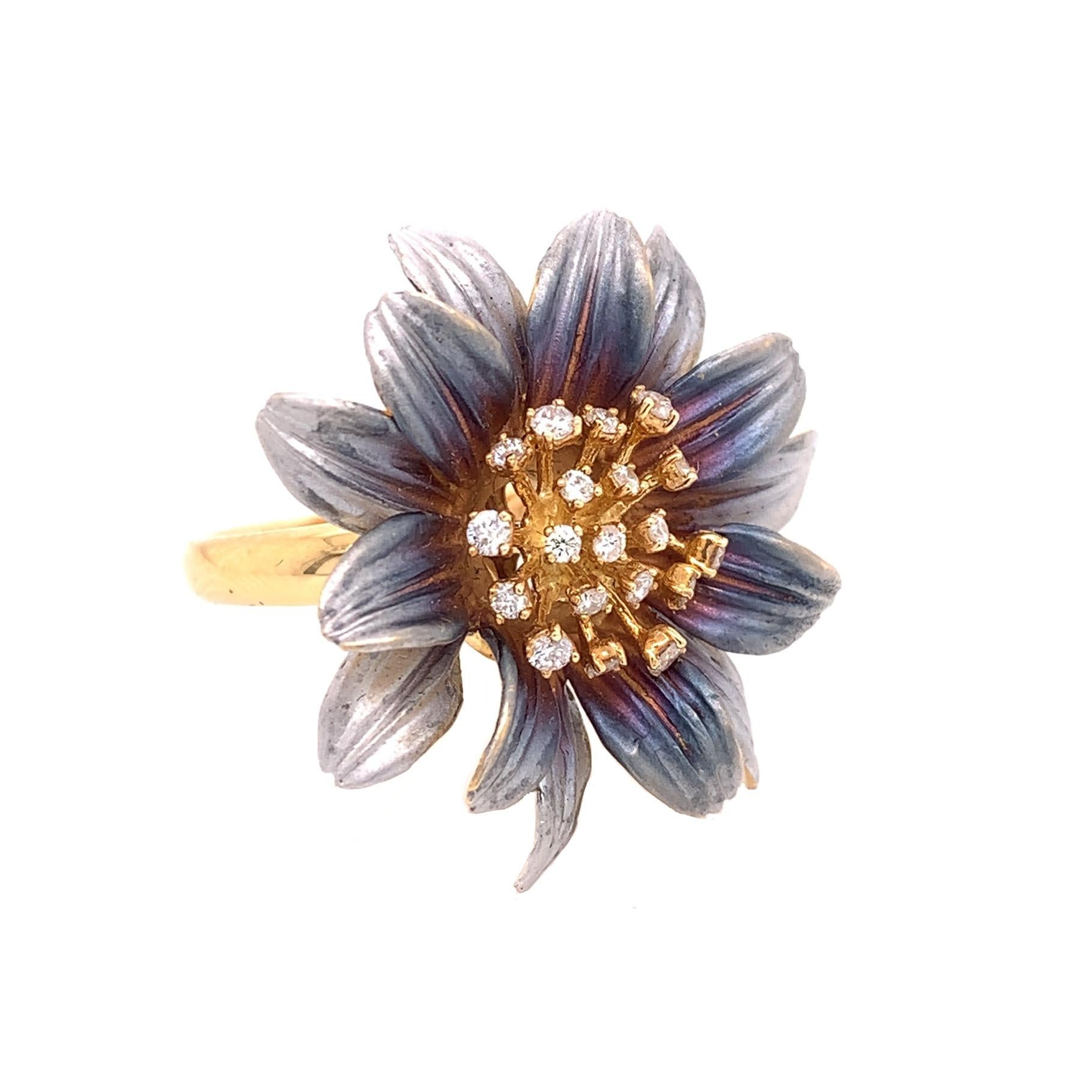 Gray-Brown Collection

Organic flower tainted gray rhodium ring with Diamonds set in 18K yellow gold. US size 6

Diamonds: 0.35ct total weight.
All Diamonds are G-H / SI stones
