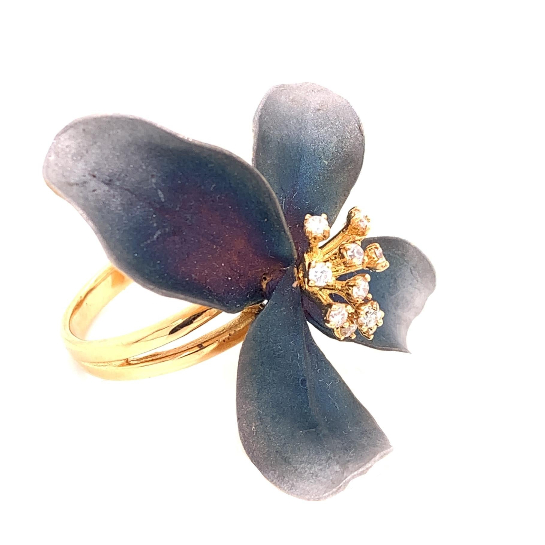 Gray-Brown Collection

Organic flower shape tainted gray rhodium ring with Diamonds set in 18K yellow gold. US size 6.75

Diamonds: 0.25ct total weight.
All Diamonds are G-H / SI stones

