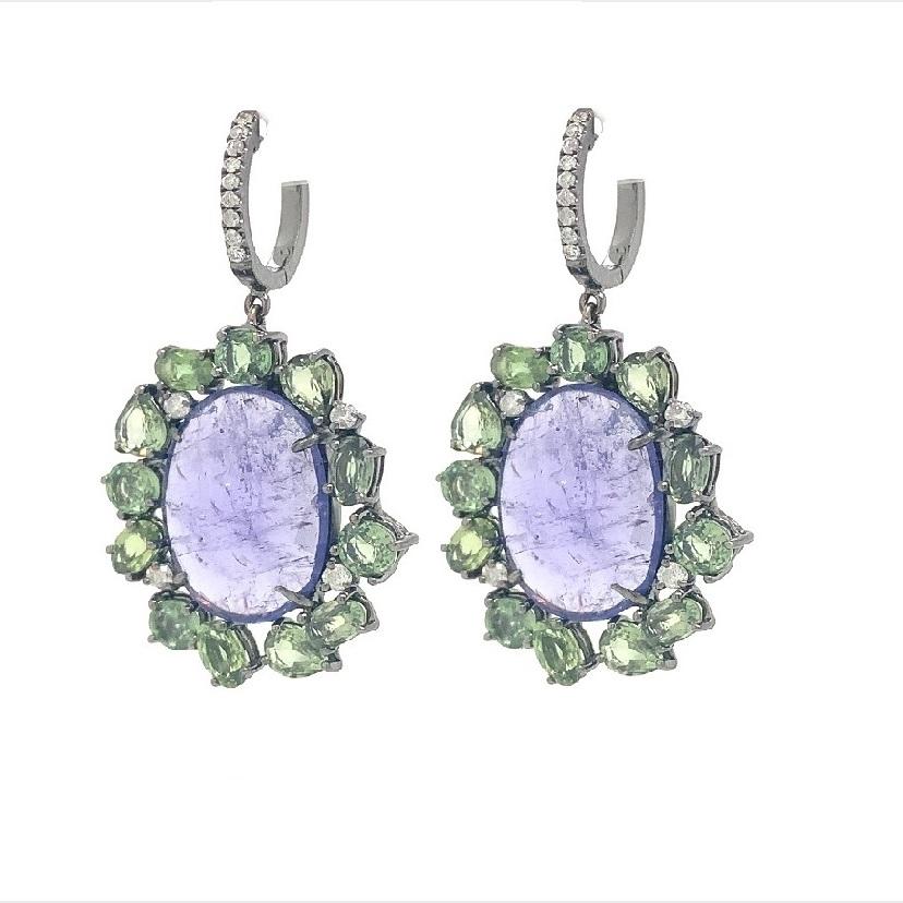 Contemporary Lucea New York Tanzanite , Green Sapphire and Diamond Earrings  For Sale