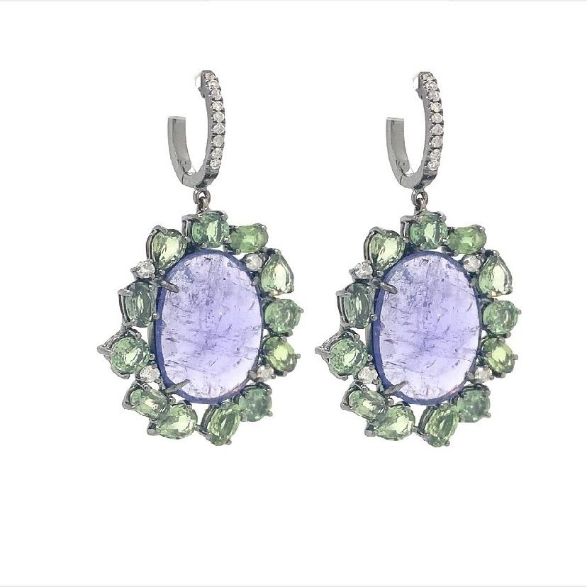Mixed Cut Lucea New York Tanzanite , Green Sapphire and Diamond Earrings  For Sale