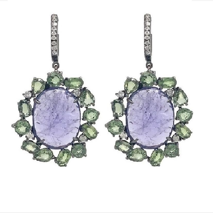 Women's Lucea New York Tanzanite , Green Sapphire and Diamond Earrings  For Sale