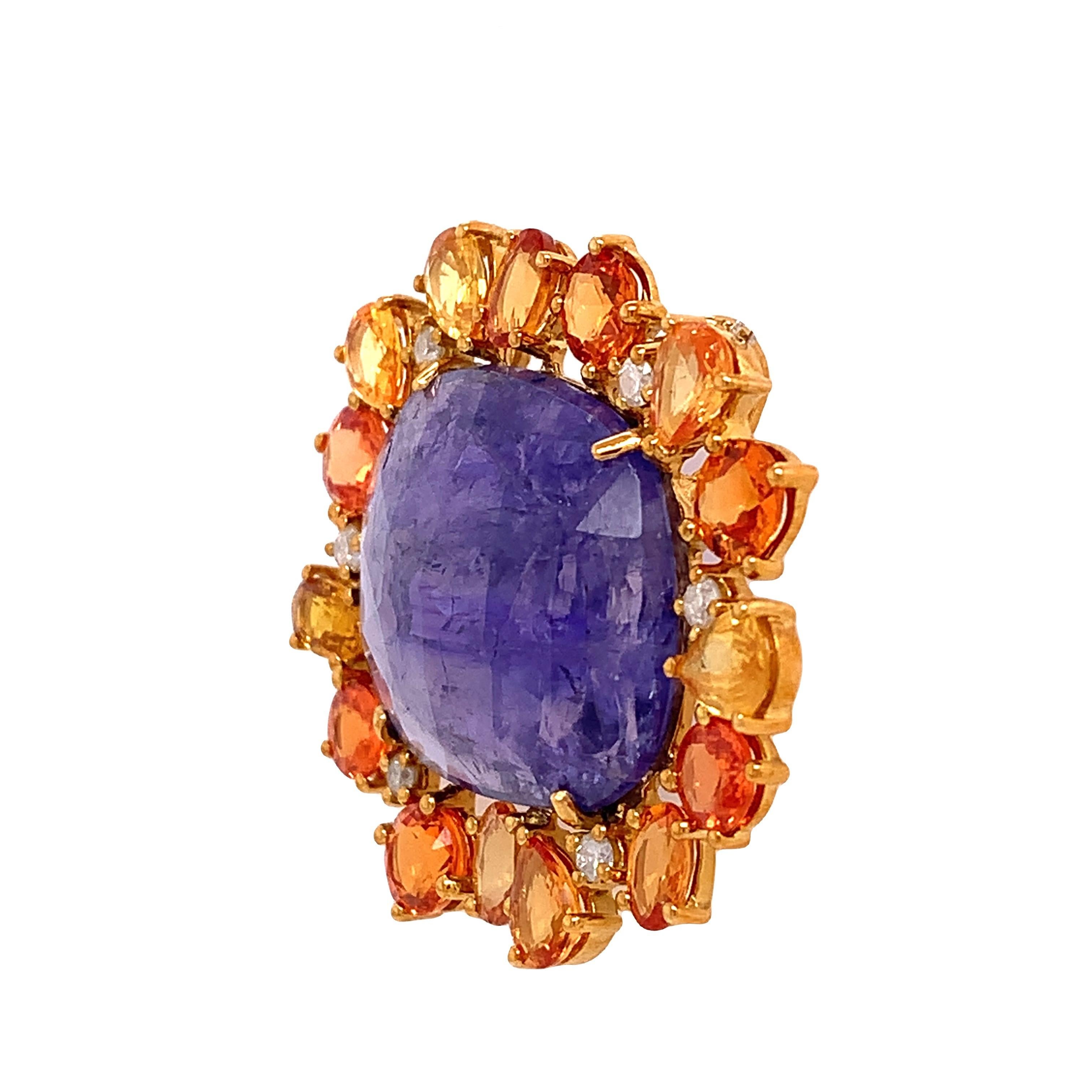 Lillipad Collection

This gorgeous pendant features a 15.87ct rose cut Tanzanite center stone and a slightly gradient color of orange sapphire accent stones. It is set in 18k yellow gold. This pendant can be a wonderful gift for the one you