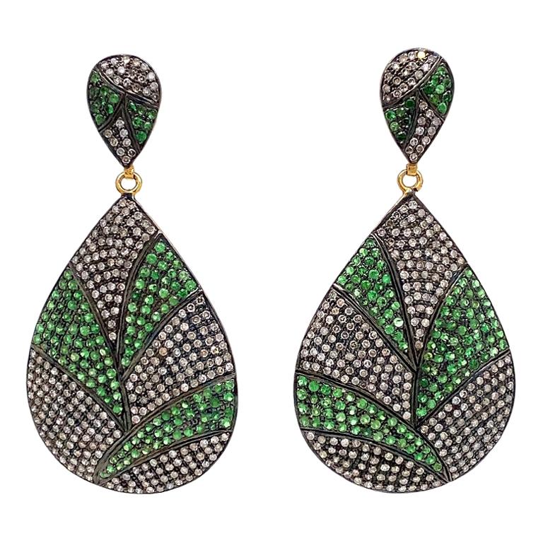 Lucea New York Tsavorite Garnet and Rustic Diamond Drop Earrings For Sale