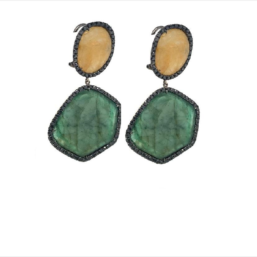 Mixed Cut Lucea New York Yellow Sapphire, Emerald and Diamond Earrings For Sale