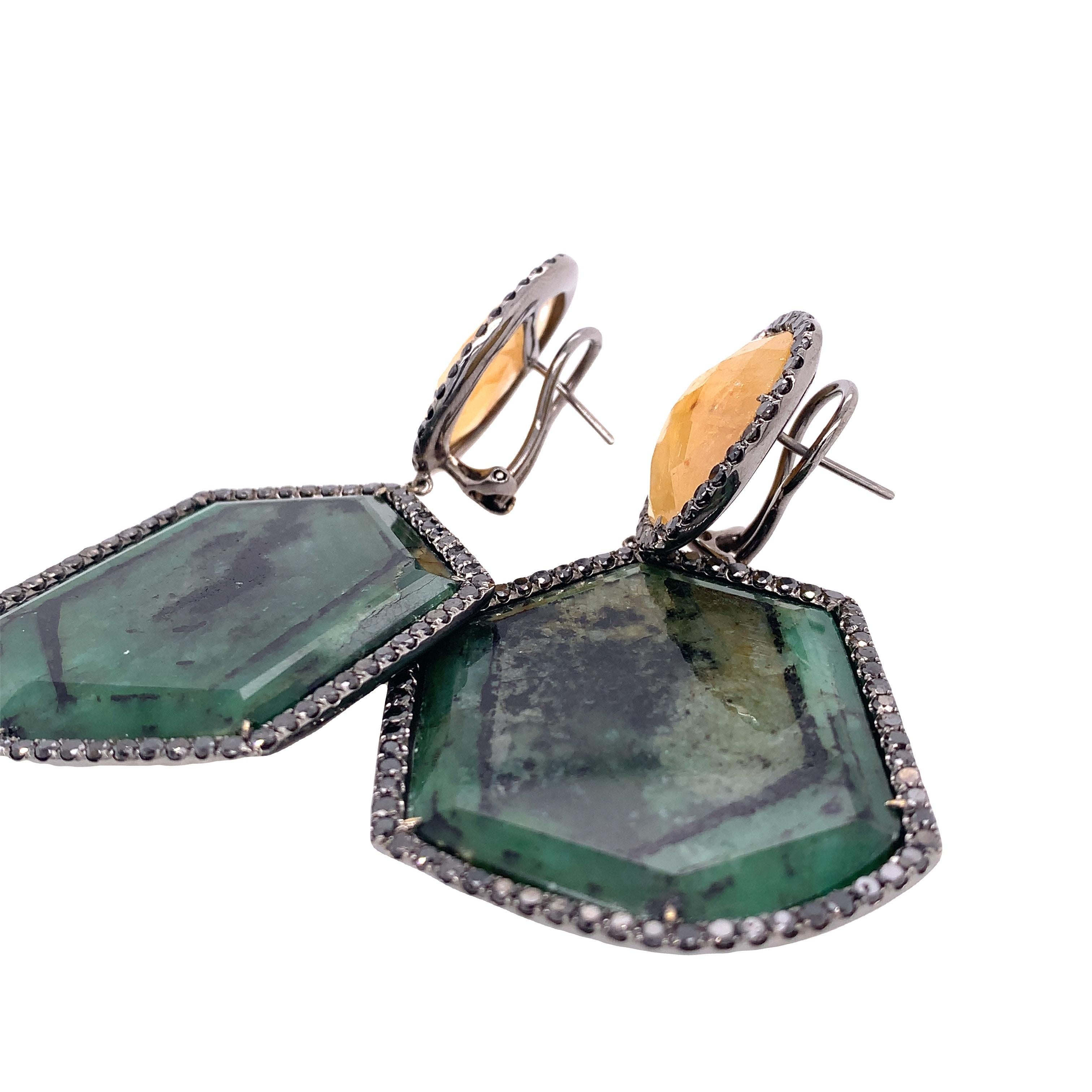 Contemporary Lucea New York Yellow Sapphire, Slice Emerald and Black Diamond Earrings For Sale
