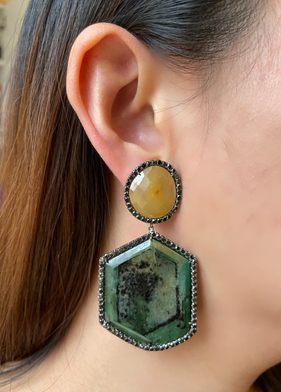 Women's Lucea New York Yellow Sapphire, Slice Emerald and Black Diamond Earrings For Sale