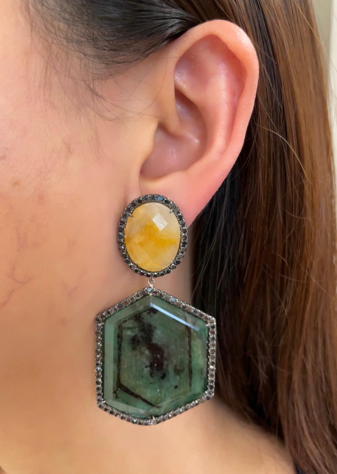 Lucea New York Yellow Sapphire, Slice Emerald and Black Diamond Earrings For Sale 1