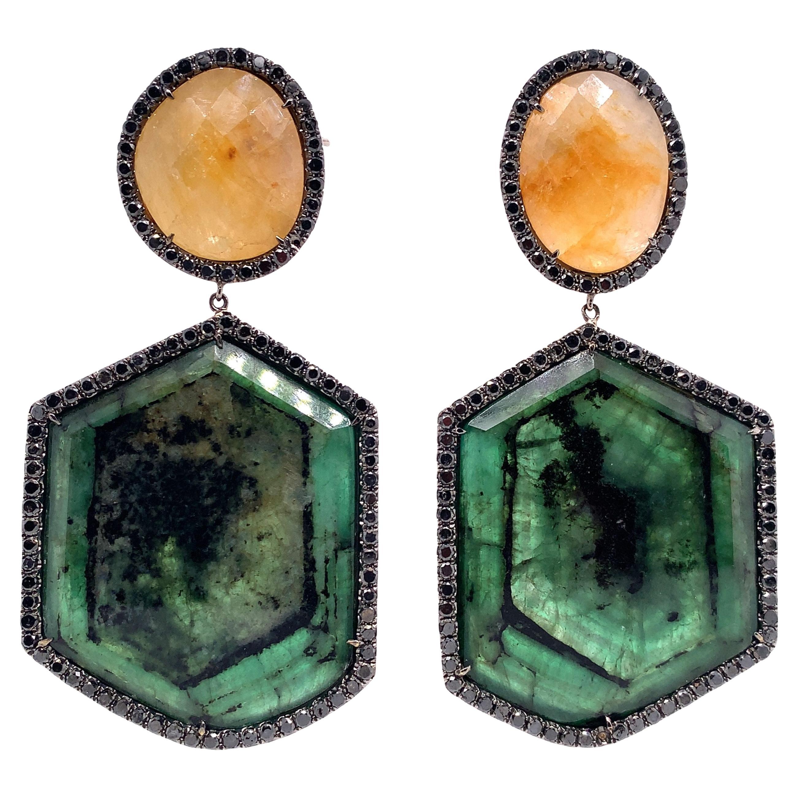 Lucea New York Yellow Sapphire, Slice Emerald and Black Diamond Earrings For Sale