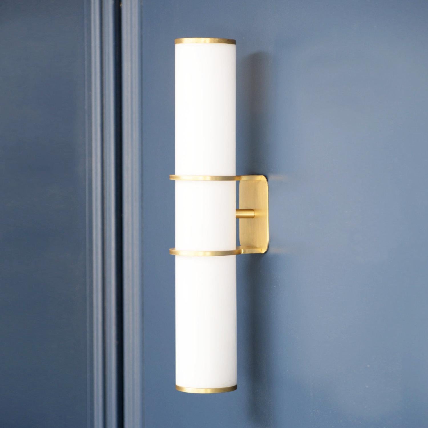 British LUCERNA Modern Wall Light in Brushed Brass, IP44 Rated, Made in Britain For Sale