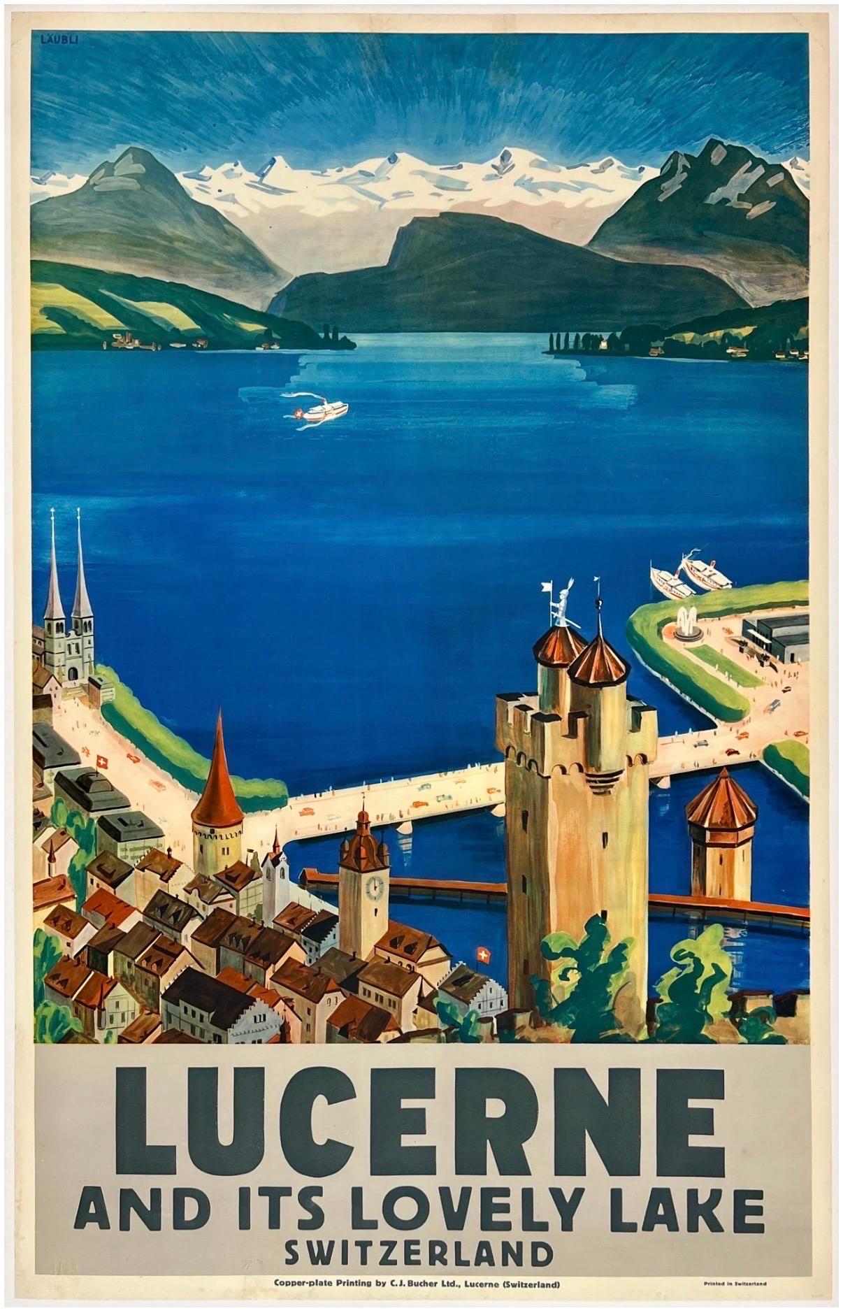 LUCERNE AND ITS LOVELY LAKE - SWITZERLAND Original Vintage Travel Tourism Poster