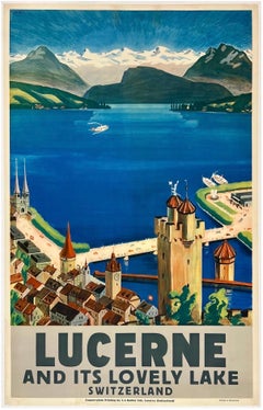 LUCERNE AND ITS LOVELY LAKE - SWITZERLAND Original Vintage Travel Tourism Poster