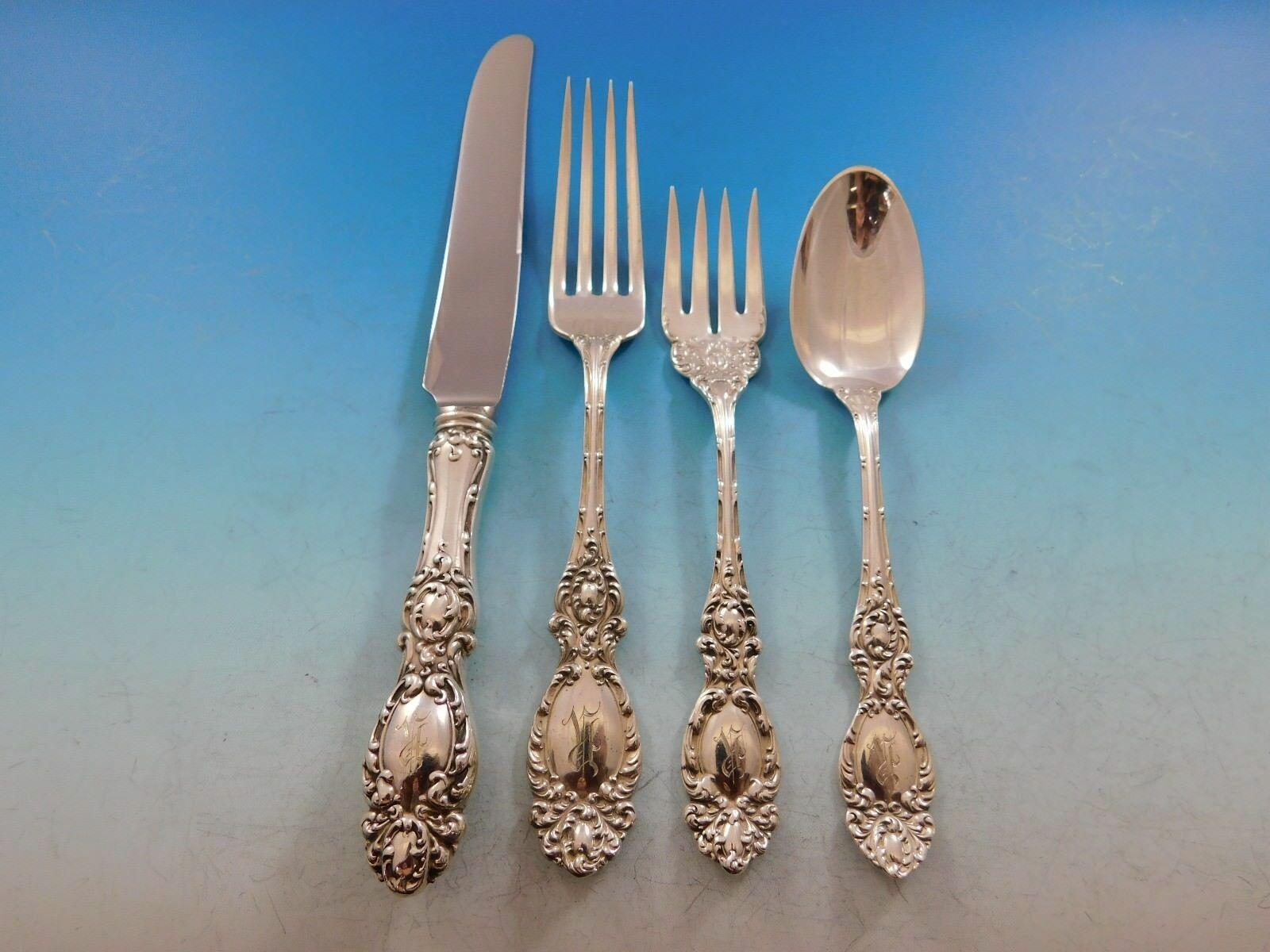 Lucerne by Wallace Sterling Silver Flatware Set Service 47 Pieces R Monogram In Excellent Condition In Big Bend, WI