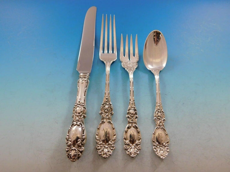 Lucerne by Wallace Sterling Silver Flatware Set Service 47 Pieces R Monogram In Excellent Condition For Sale In Big Bend, WI