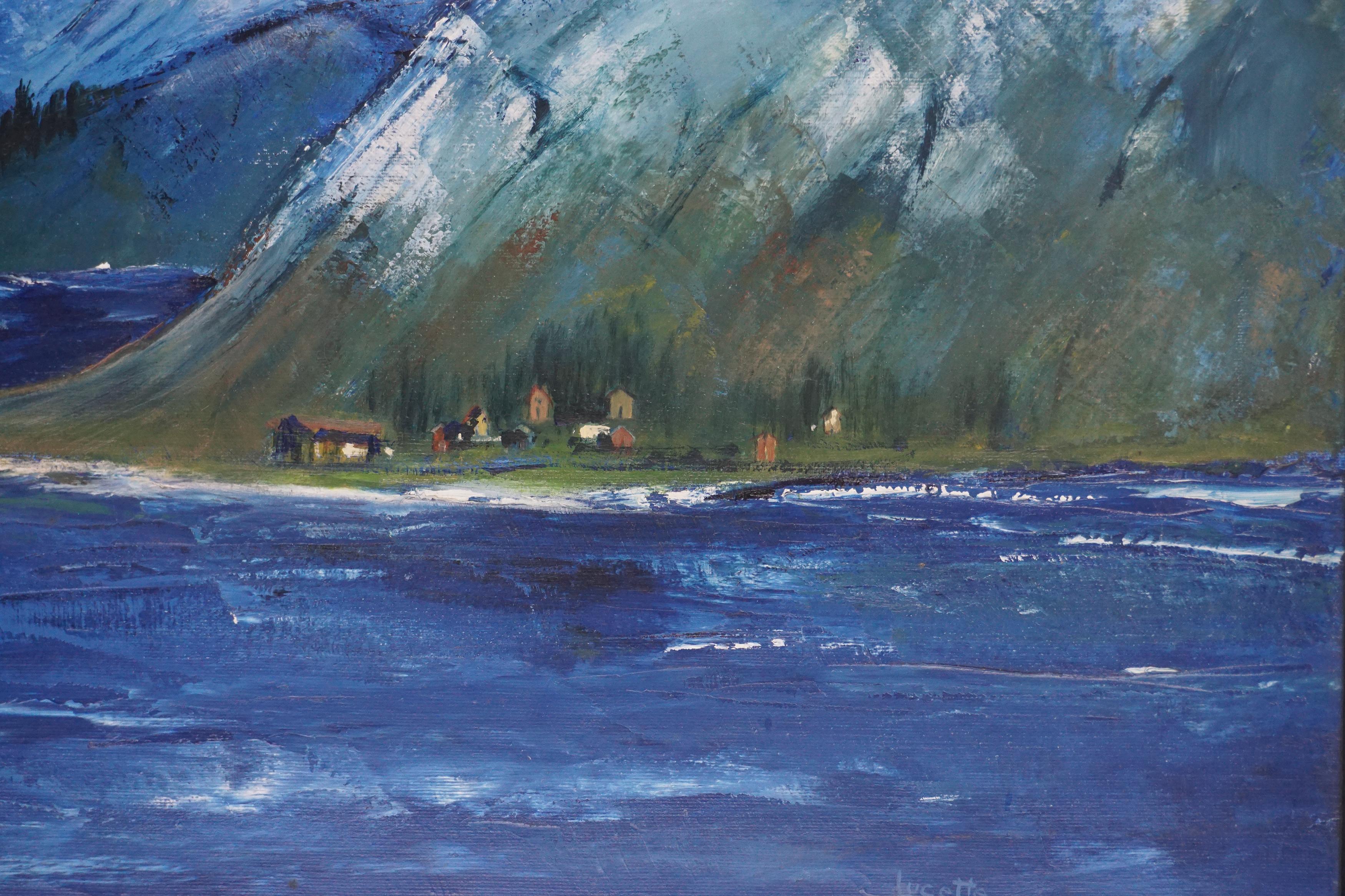 Mid Century Fiordo en Noruega Paisaje de Lucette Barth Impresionista Blues en venta 1