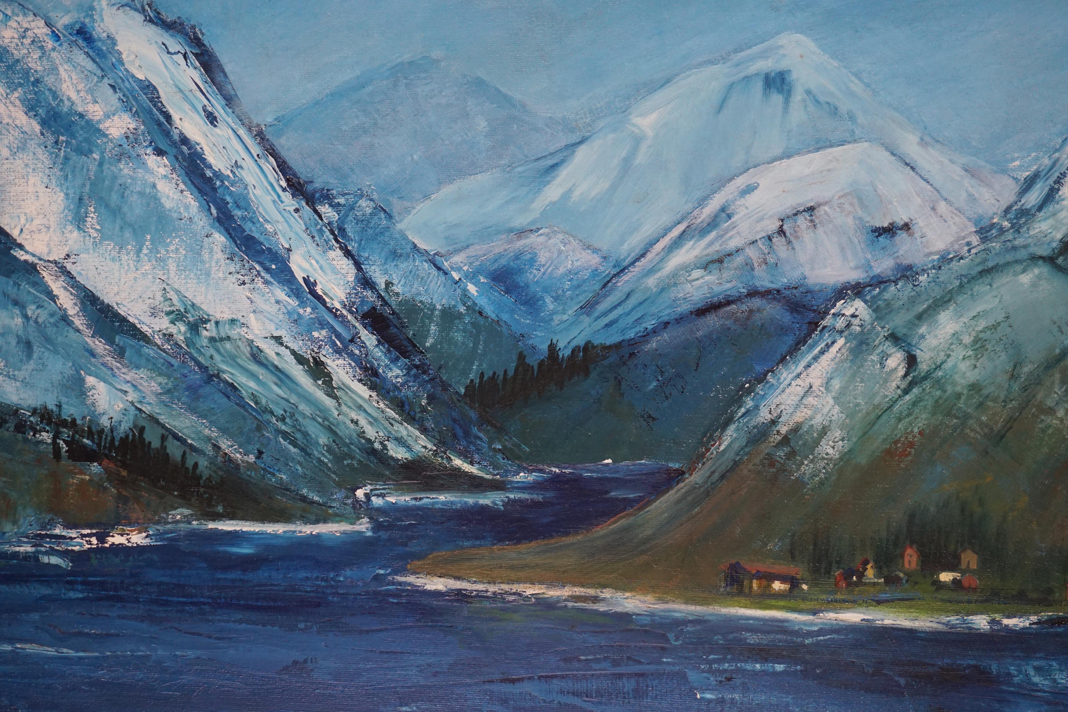 Mid Century Fiordo en Noruega Paisaje de Lucette Barth Impresionista Blues en venta 2