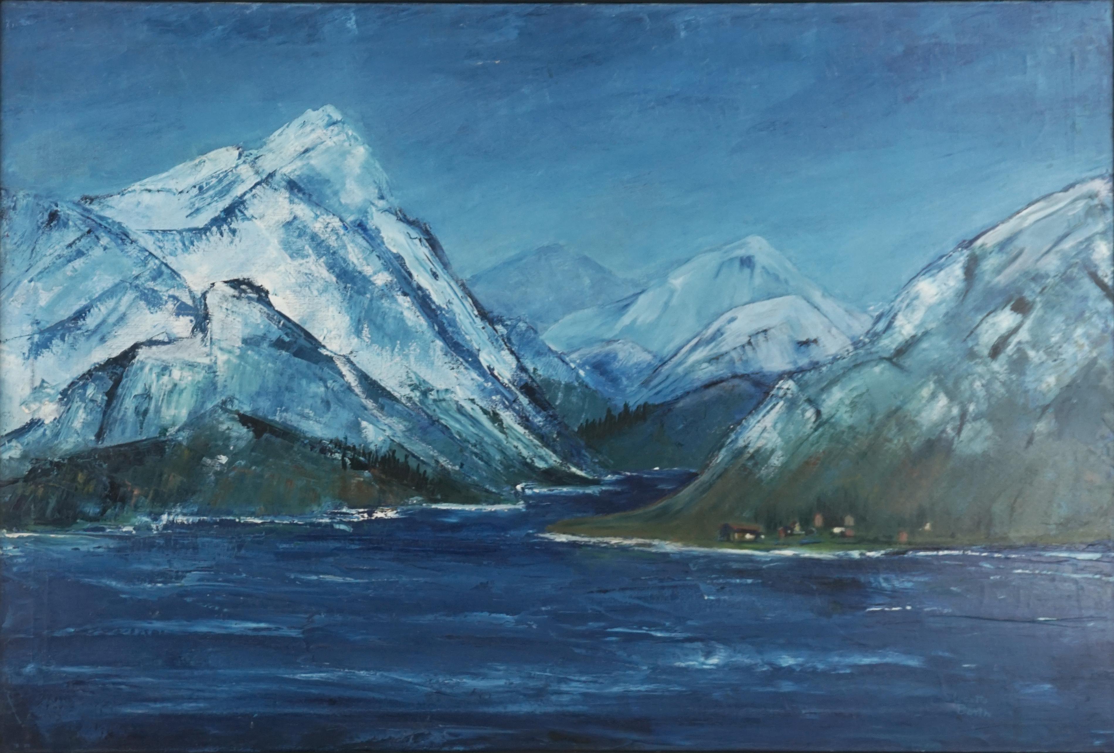 Vibrante paisaje de colores fríos de los Fiordos Noruegos por la artista del Área de la Bahía Lucette Barth (estadounidense, 1894 - 1986), hacia 1960. Estado: bueno, tres pequeños desgarros reparados profesionalmente (ver imágenes). Sin enmarcar. 