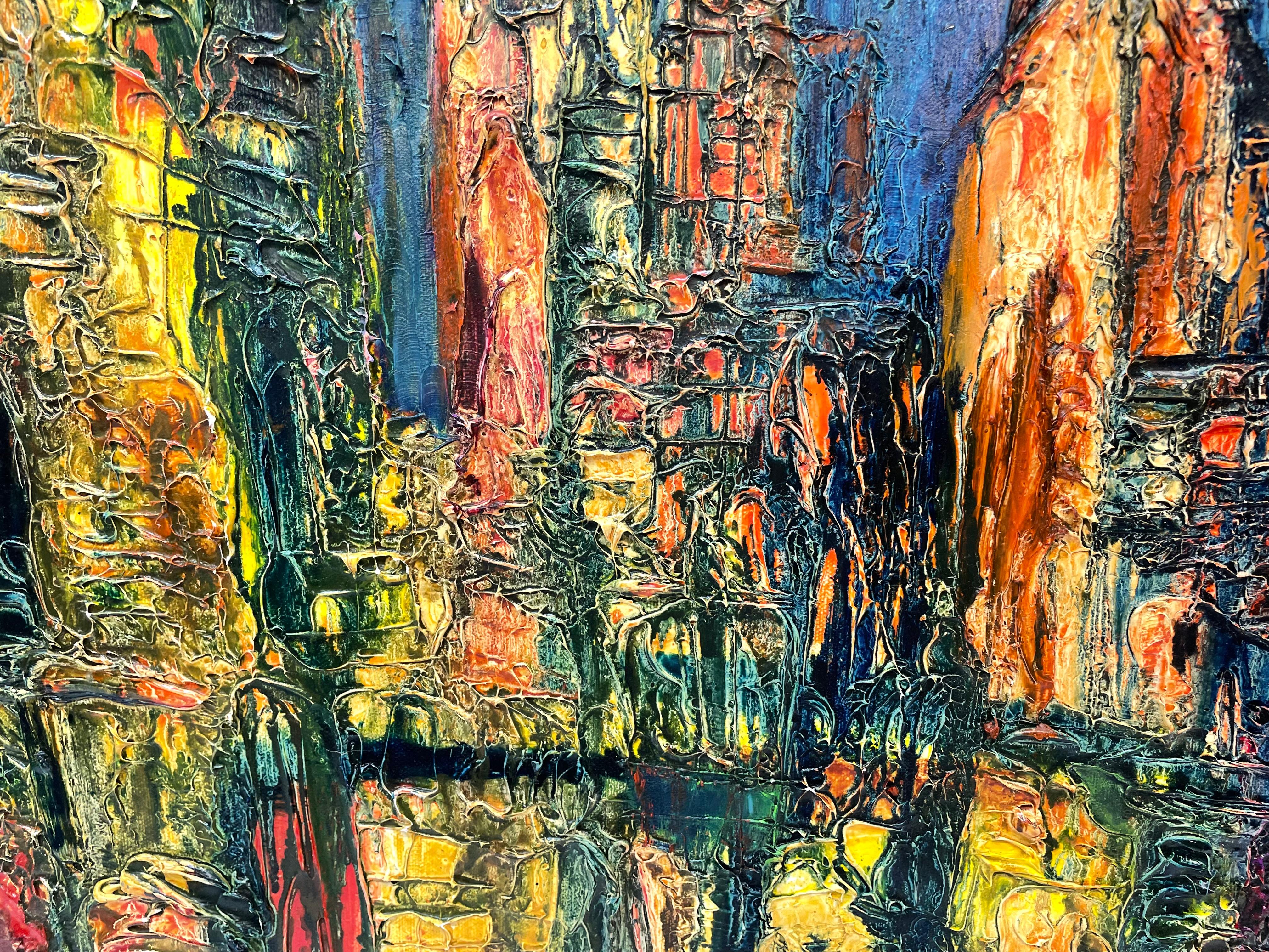 New York at Night - Painting by Lucette Barth