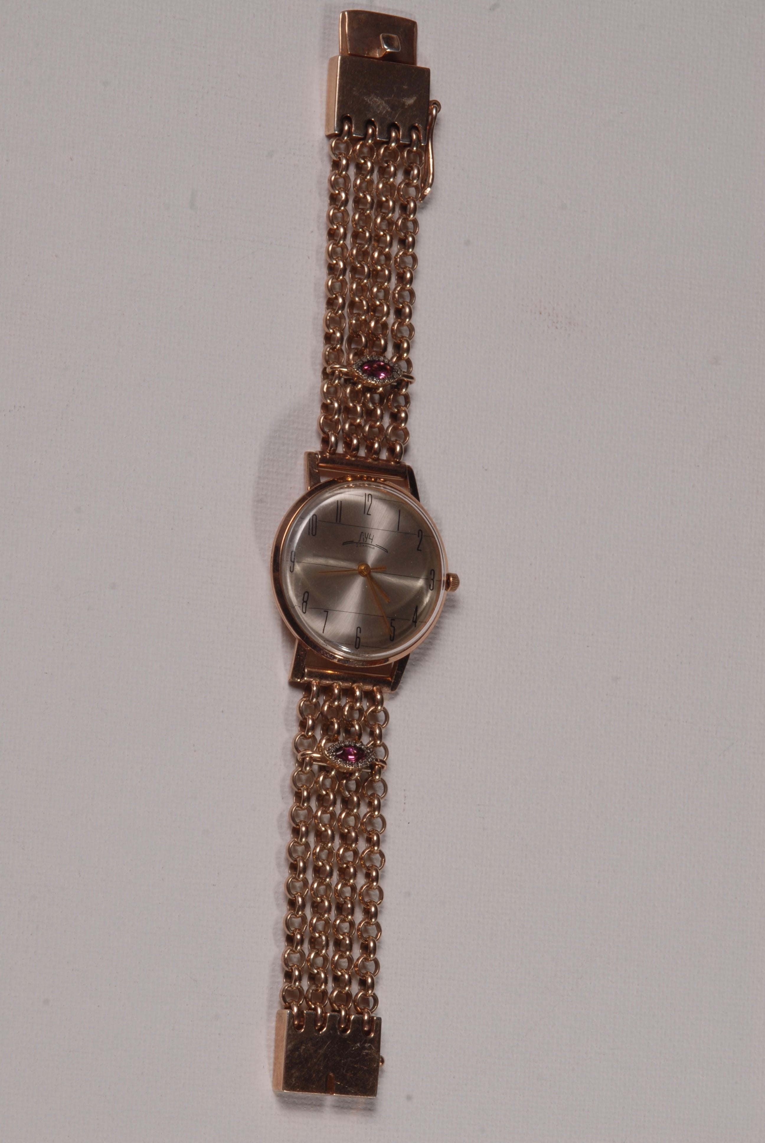 Women's Luch Gold Plated Silver Diamond Tourmaline Vintage Chain Bracelet Wristwatch For Sale