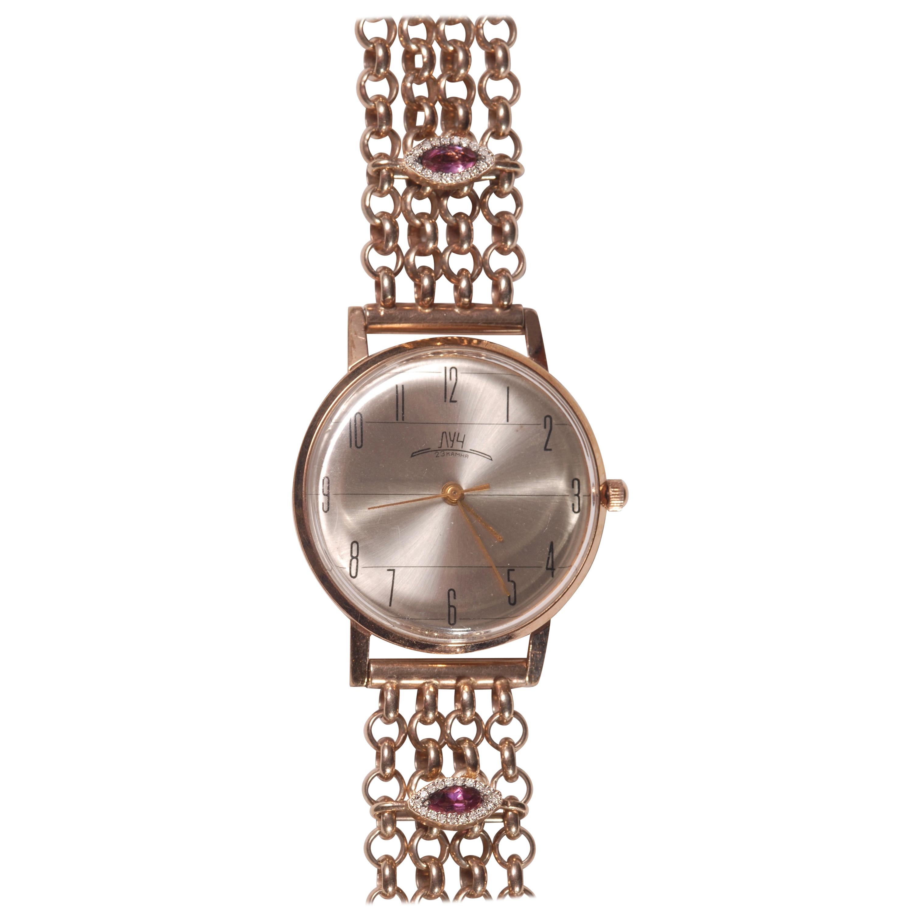 Luch Gold Plated Silver Diamond Tourmaline Vintage Chain Bracelet Wristwatch For Sale