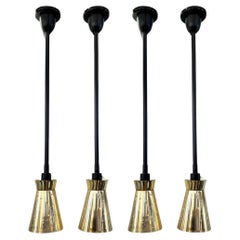 LUCI Set of 4 Italian Mid-Century Black & Perforated Brass Cone Pendant Lights