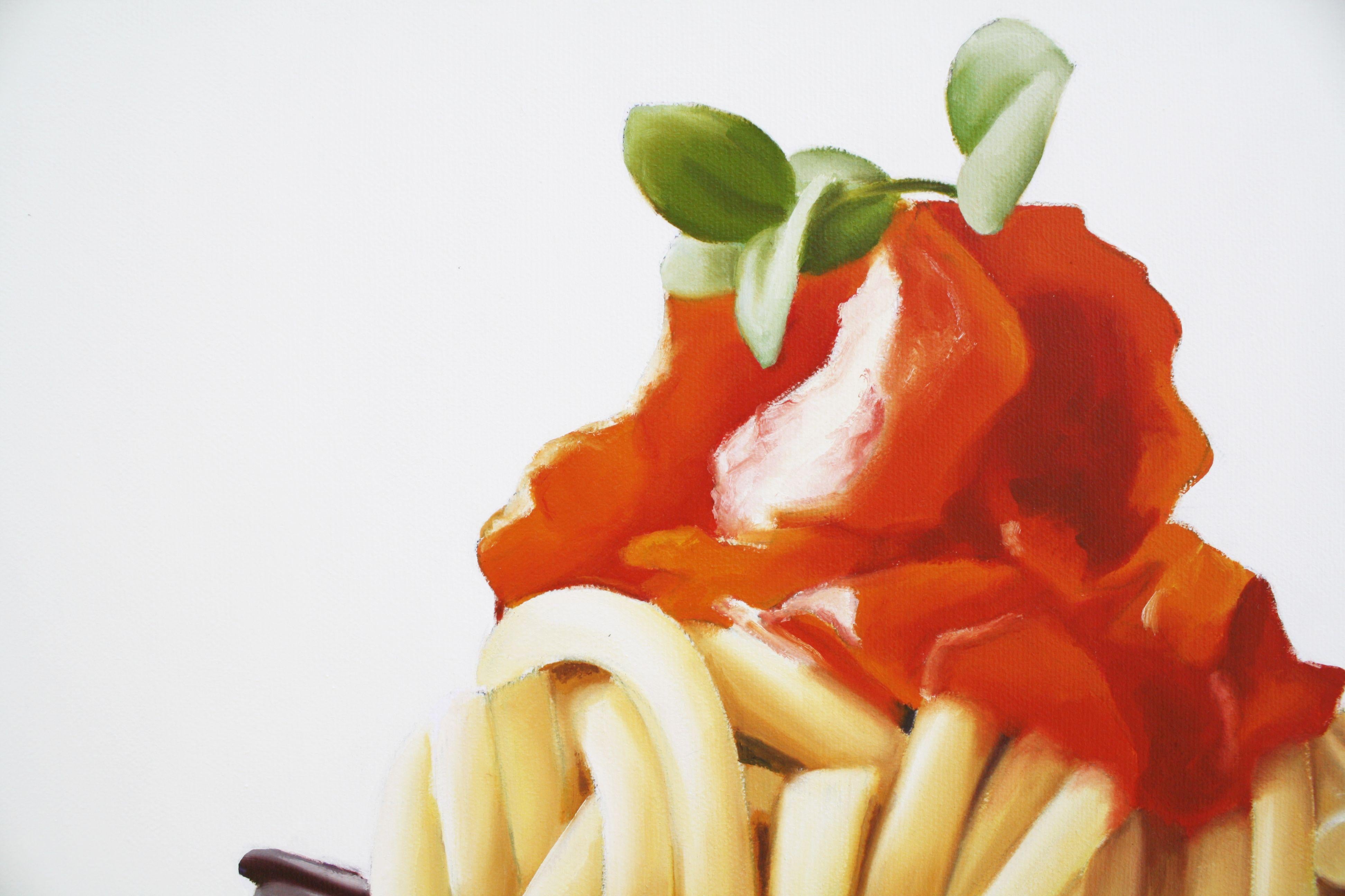 Oil on canvas, size 12X32X1.5 in  This painting reminds me of when my family and I would go to see Granny Maria on   Sunday for lunch.  This pasta was her favorite dish, and she made the sauce with fresh tomatoes and herbs. I love remembering sweet