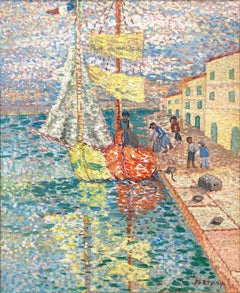 L''embarquement Peinture à l'huile colorée pointilliste sur toile avec personnages