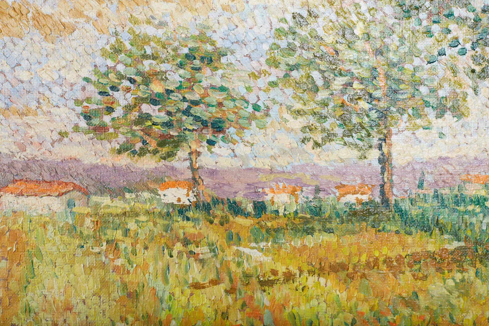 Gorgeous oil on canvas painting by Lucia Fortuny (b. 1937 Italian/French) titled Champ de Blé or wheat fields depicting an idyllic French landscape in a pointillism impressionist style she is known for. Signed lower right and set in a carved and