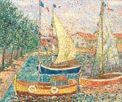 "Port de Plaisance" Paesaggio marino puntinista con barche a vela Pittura a olio su tela